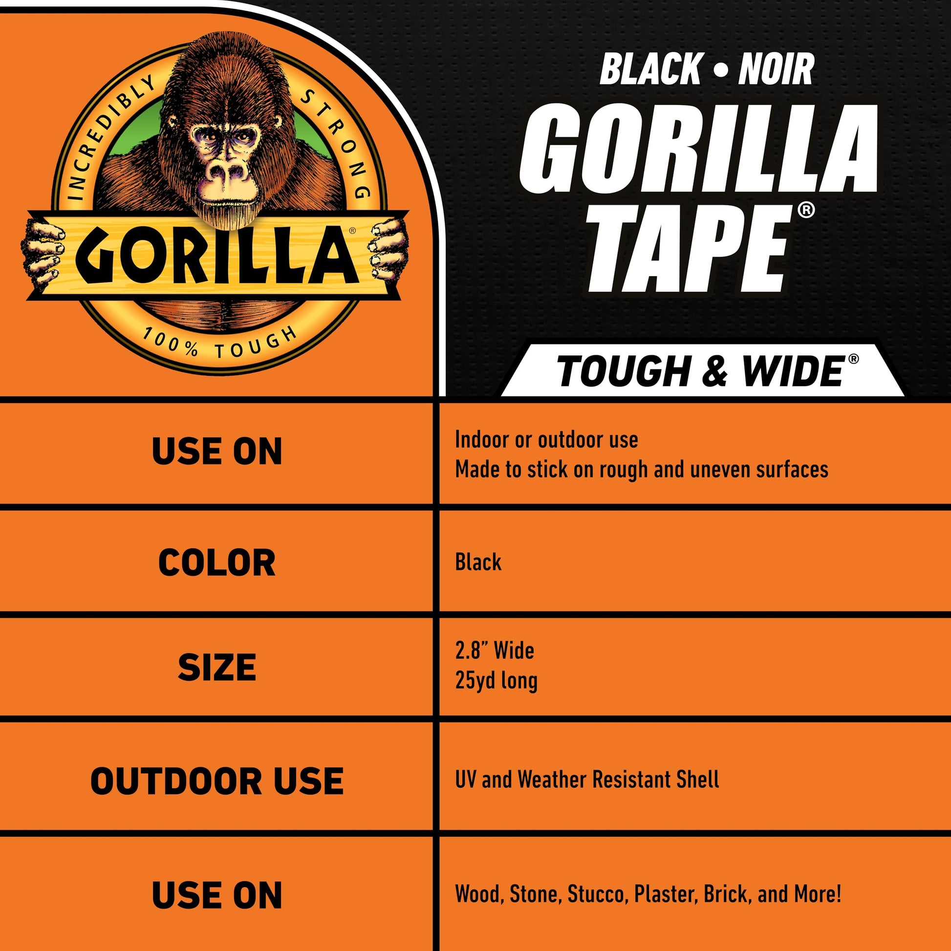 Gorilla Tape Tough & Wide, Black Tape, 2.88" x 25 yd (Pack of 1) - Heavy Duty and Weather Resistant for Indoor or Outdoor