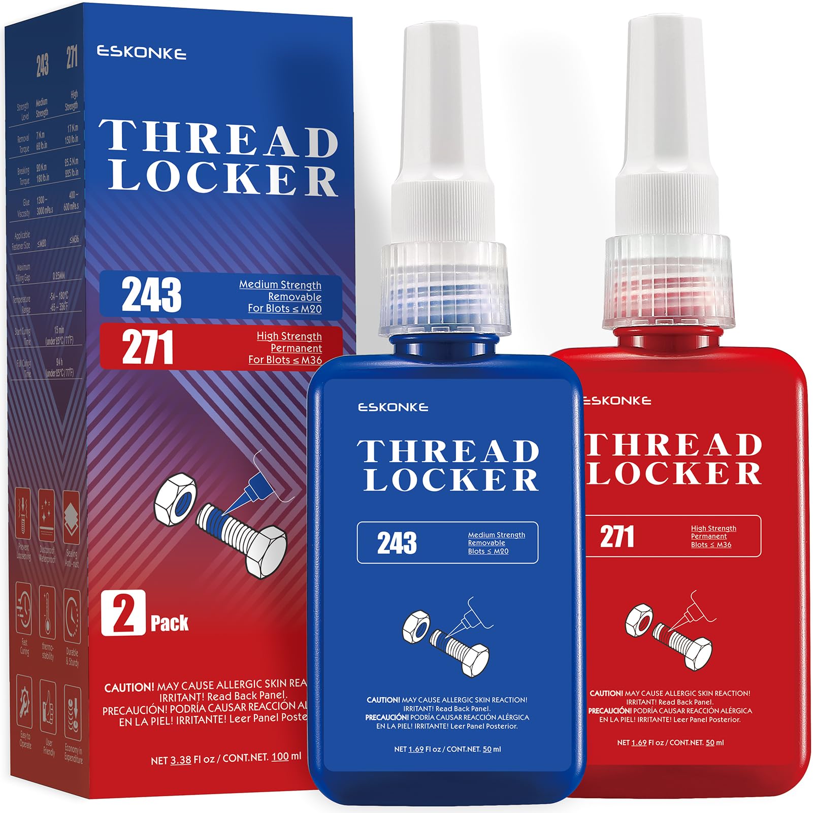 2 Pack Thread Locker - Blue 243 (Medium) & Red 271 (High) - Metal Screw Locking Sealant for Bolts/Nuts/Fasteners - Prevents Loosening/Corrosion
