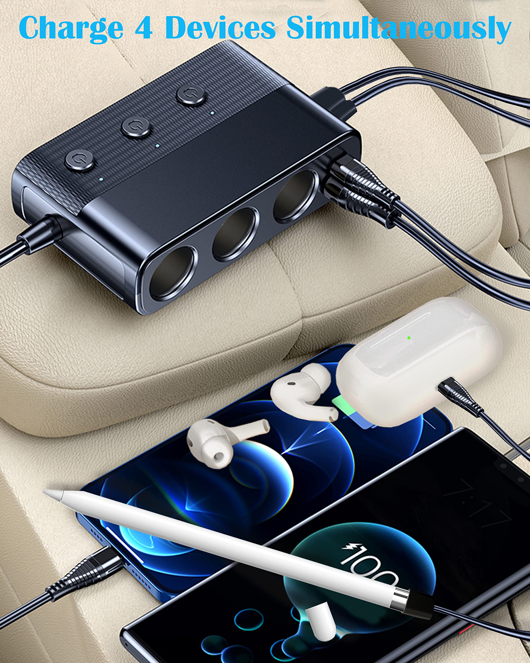 7 in 1 Cigarette Lighter Splitter, LIHAN 3 Socket Car Charger Adapter, Type-C QC3.0 PD 30W Charging, Dual USB Charging Ports, Independent Switches, LED Voltmeter, Plug Outlet 12V/24V(3.3ft Cable)