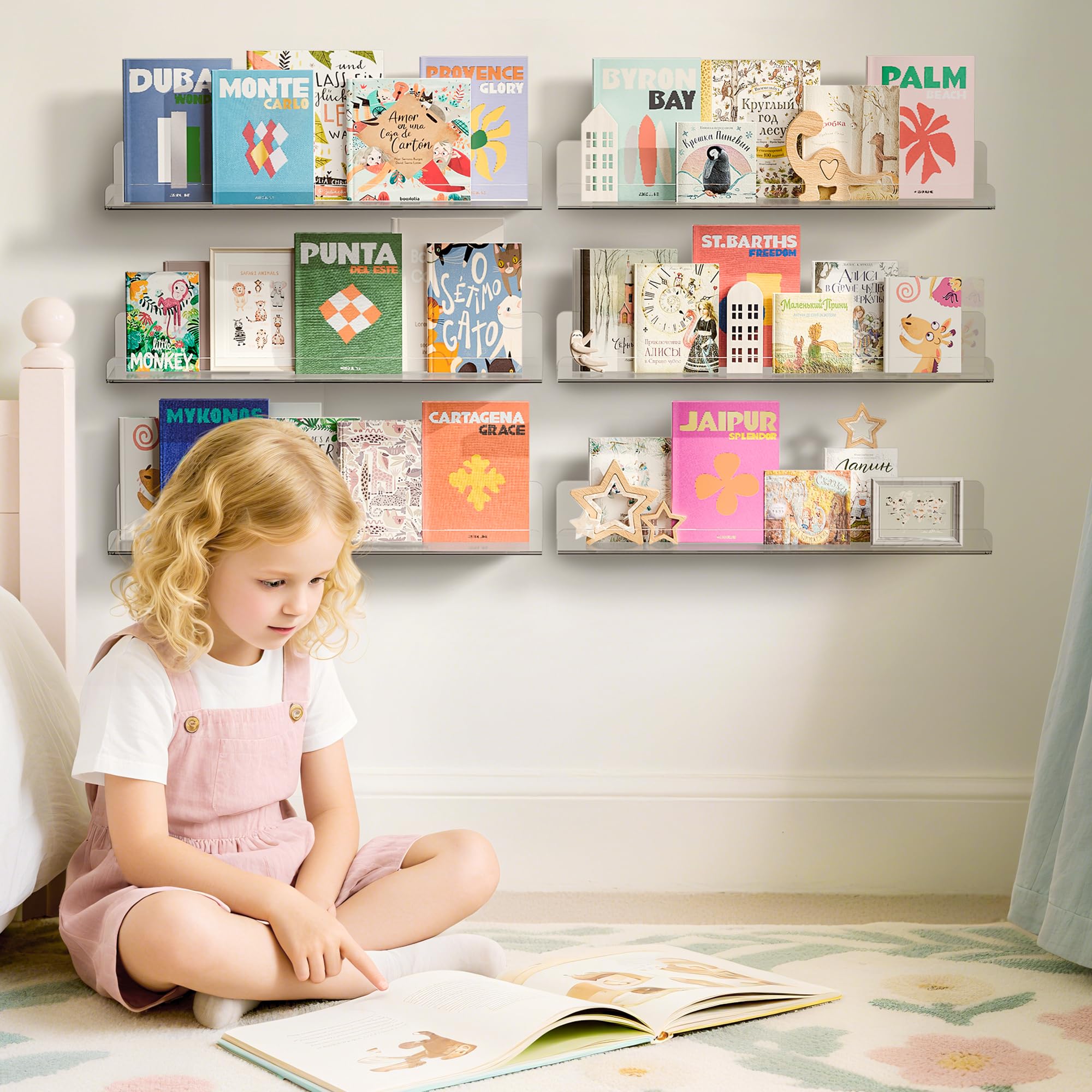 upsimples 6 Pack Acrylic Shelves for Wall Storage, 15" x 4“ Floating Bookshelves for Kids, Display Shelf Organizer for Bathroom, Bedroom, Living Room, Kitchen, Room Decor, Clear