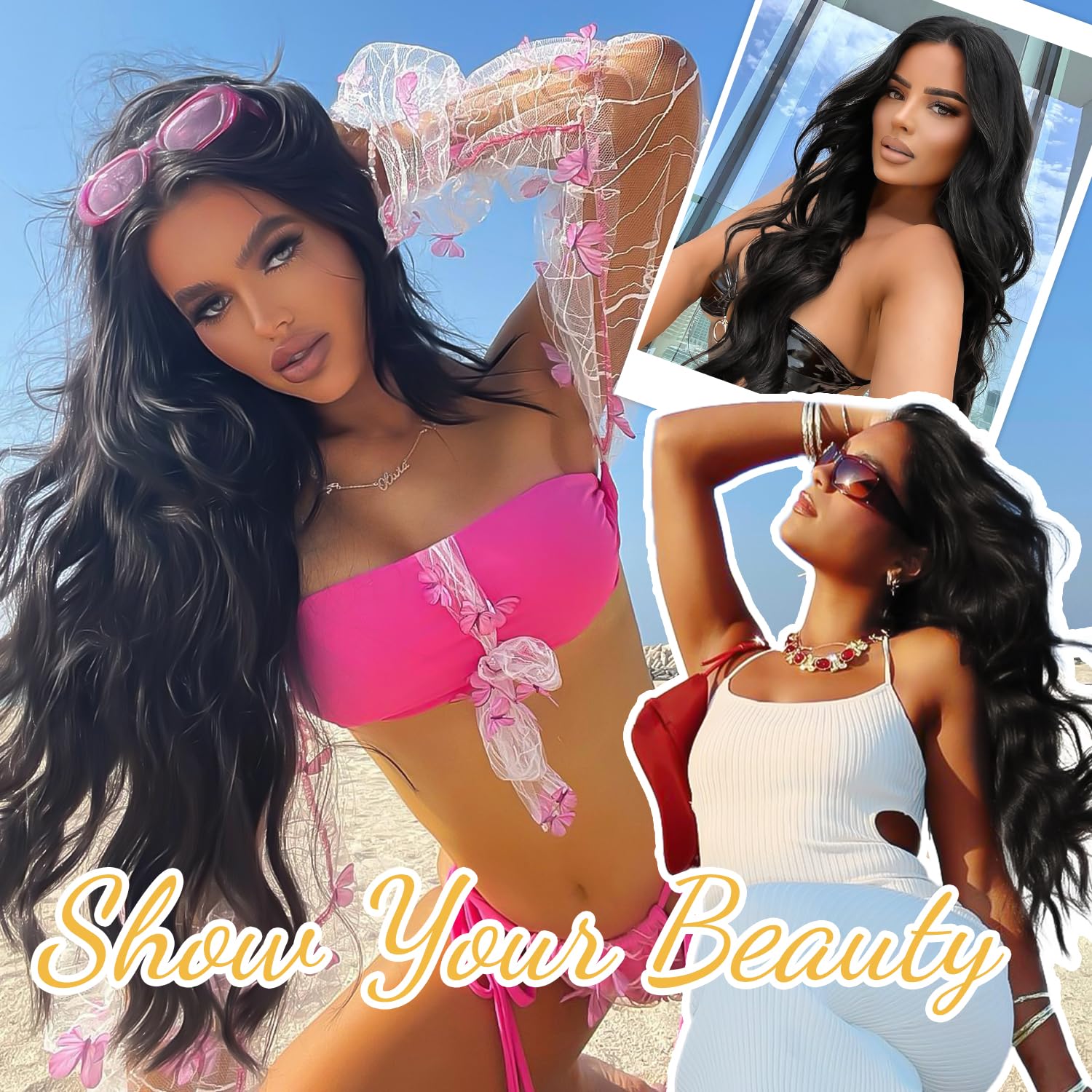 AISI HAIR Black Wig for Women, Long Wavy Lace Hairline Middle Part Synthetic Heat Resistant Wig for Daily Party-26 Inch