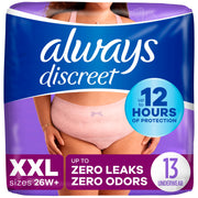 Always Discreet Adult Incontinence Underwear for Women and Postpartum Underwear, XXL, Up to 100% Bladder Leak Protection, 13 Count