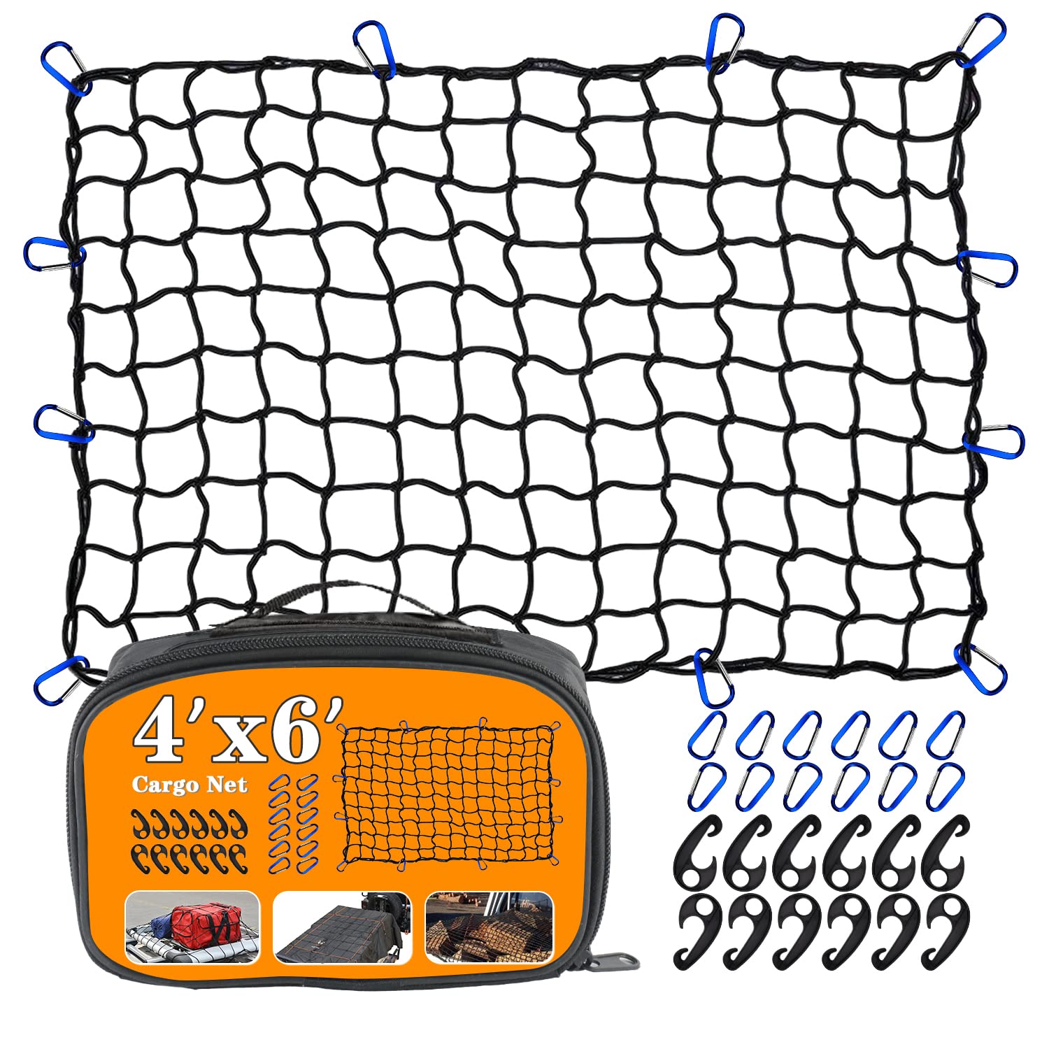 4'x6' Truck Cargo Net Expands to 8' x 12' with 4"x4" Mesh Grid Super Duty Bungee Heavy Duty Bed Netting for Truck Bed Stretches with 12 Adjustable Metal Carabiners by Cenipar
