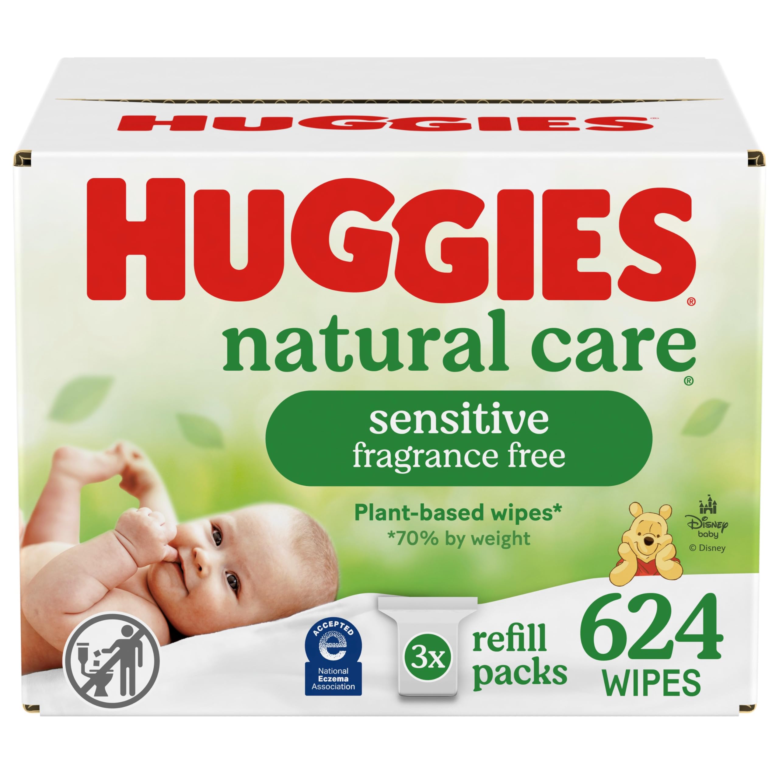مناديل الأطفال الحساسة Natural Care من هاجيز، لا تسبب الحساسية، 99% ماء نقي، 3 عبوات لإعادة التعبئة (624 منديل إجمالاً)