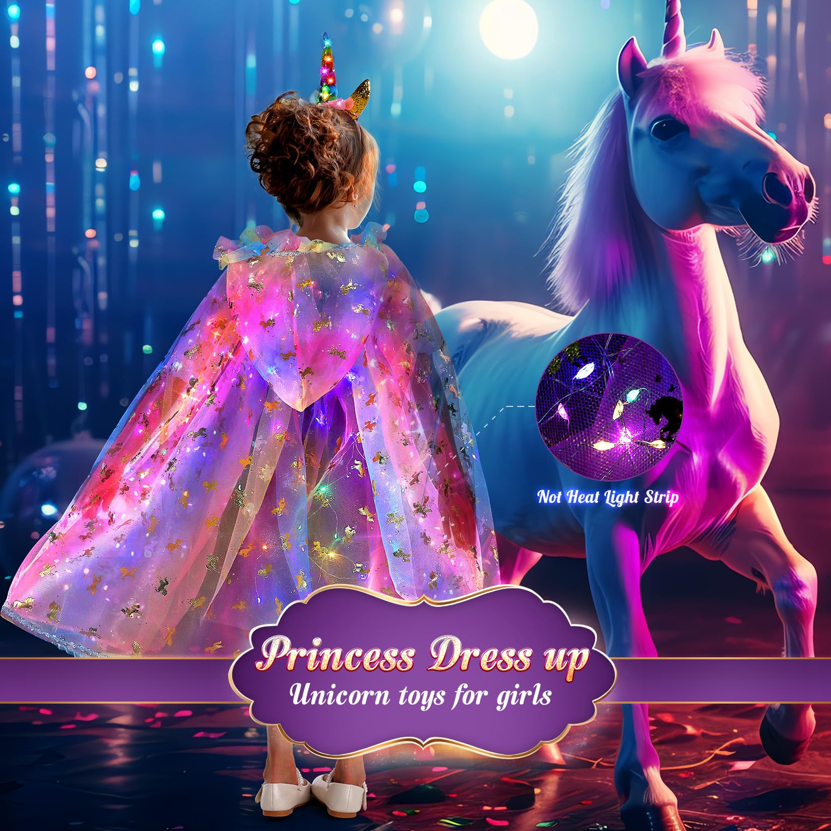 Fedio Princess Dress up for Girls,Unicorn Light up Princess Cape Set,Light up Princess Dress with Unicorn Toys for Girls 3-8 Halloween