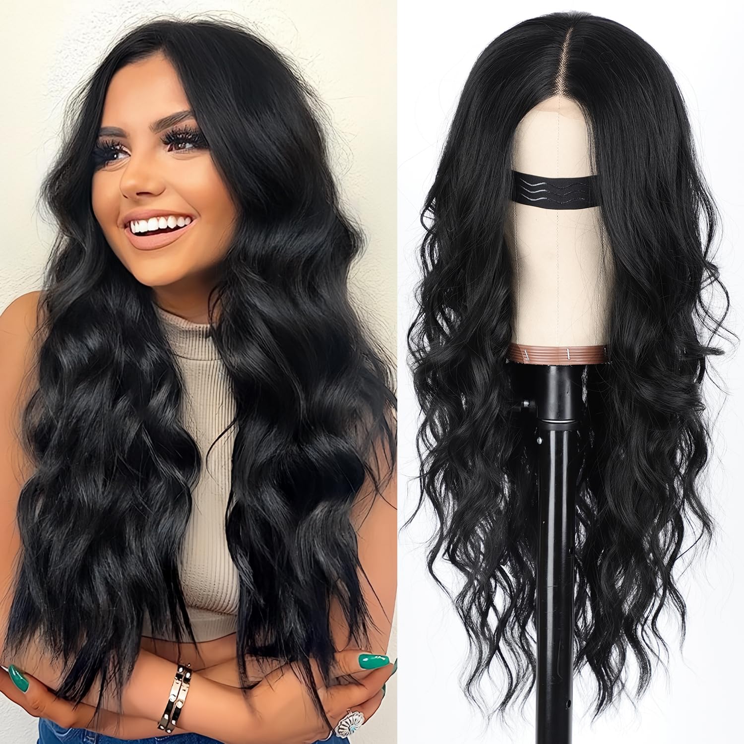 AISI HAIR باروكة شعر سوداء للنساء، باروكة شعر طويلة مموجة بدانتيل مع فرق في المنتصف من الألياف الصناعية المقاومة للحرارة للاستخدام اليومي والحفلات - 26 بوصة