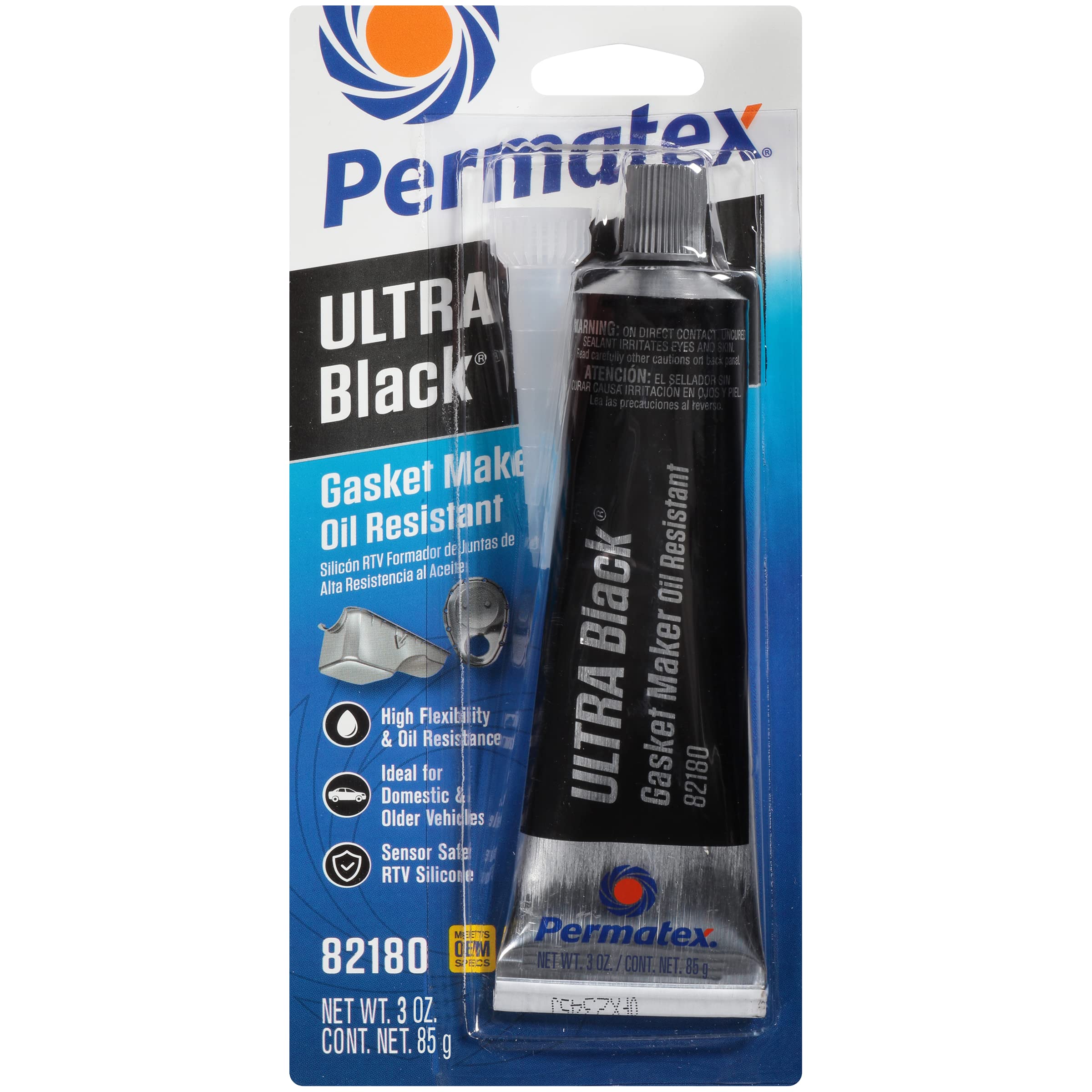 Permatex 82180 Ultra Black مانع تسرب حشية سيليكون RTV فائق المقاومة للزيت، آمن على الحساسات وغير مسبب للتآكل، للاستخدامات التي تتطلب مرونة عالية ومقاومة للزيت 3 أوقية