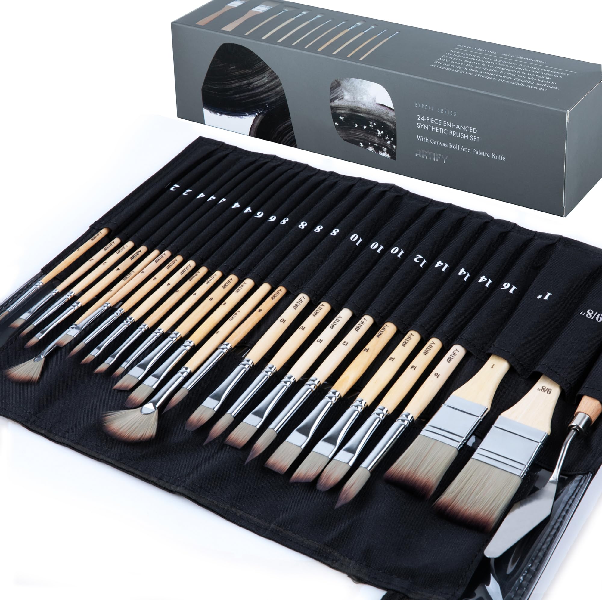 ARTIFY 25-Piece Professional Paint Brush Set - Expert Series Synthetic Nylon Brushes for Acrylic, Oil, Watercolor, Gouache - No Shedding, Canvas Roll Case & Palette Knife, Painter Gifts Art Supplies