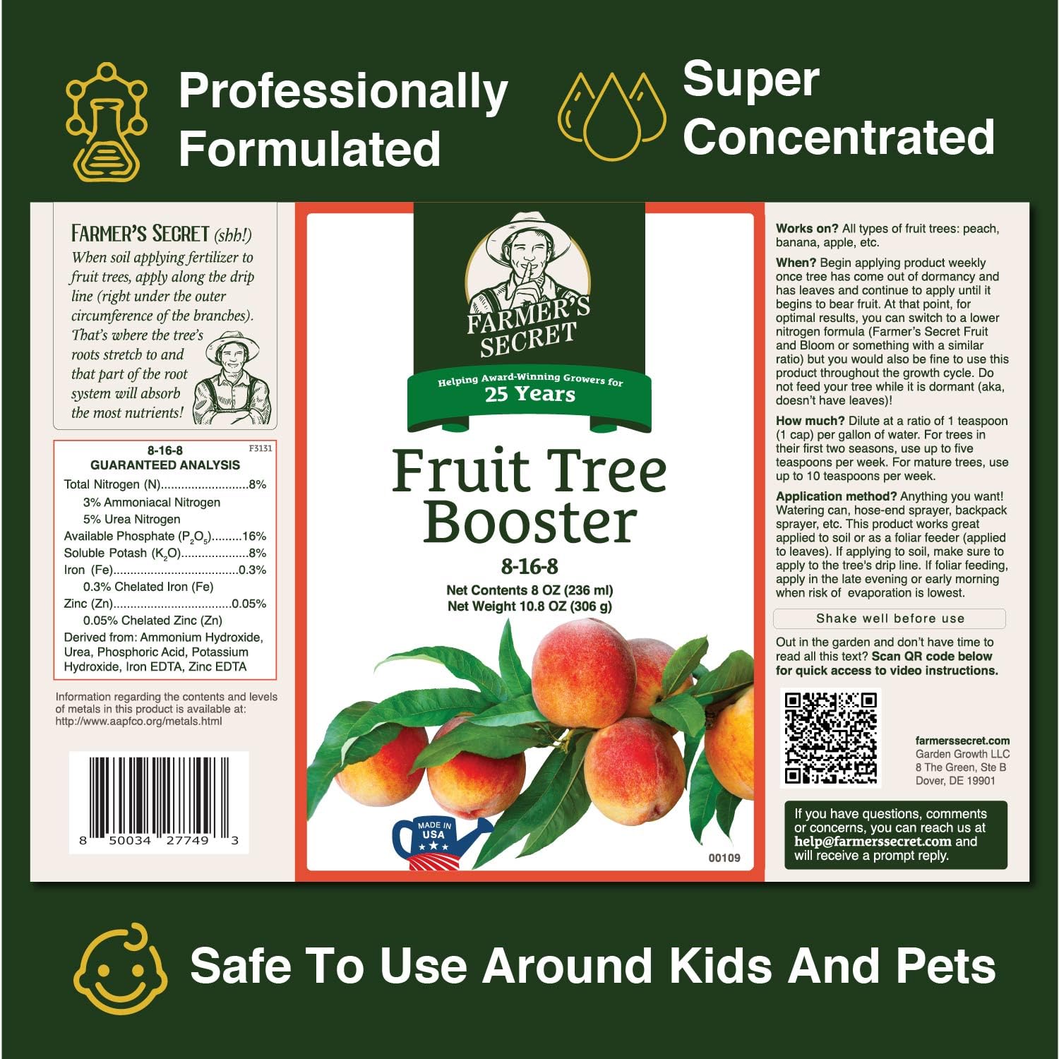 Farmer's Secret Fruit Tree Booster Fertilizer (32oz) - Super Concentrated and Phosphorus Rich - Formulated for All Fruit Trees Including Peach, Banana, and Apple