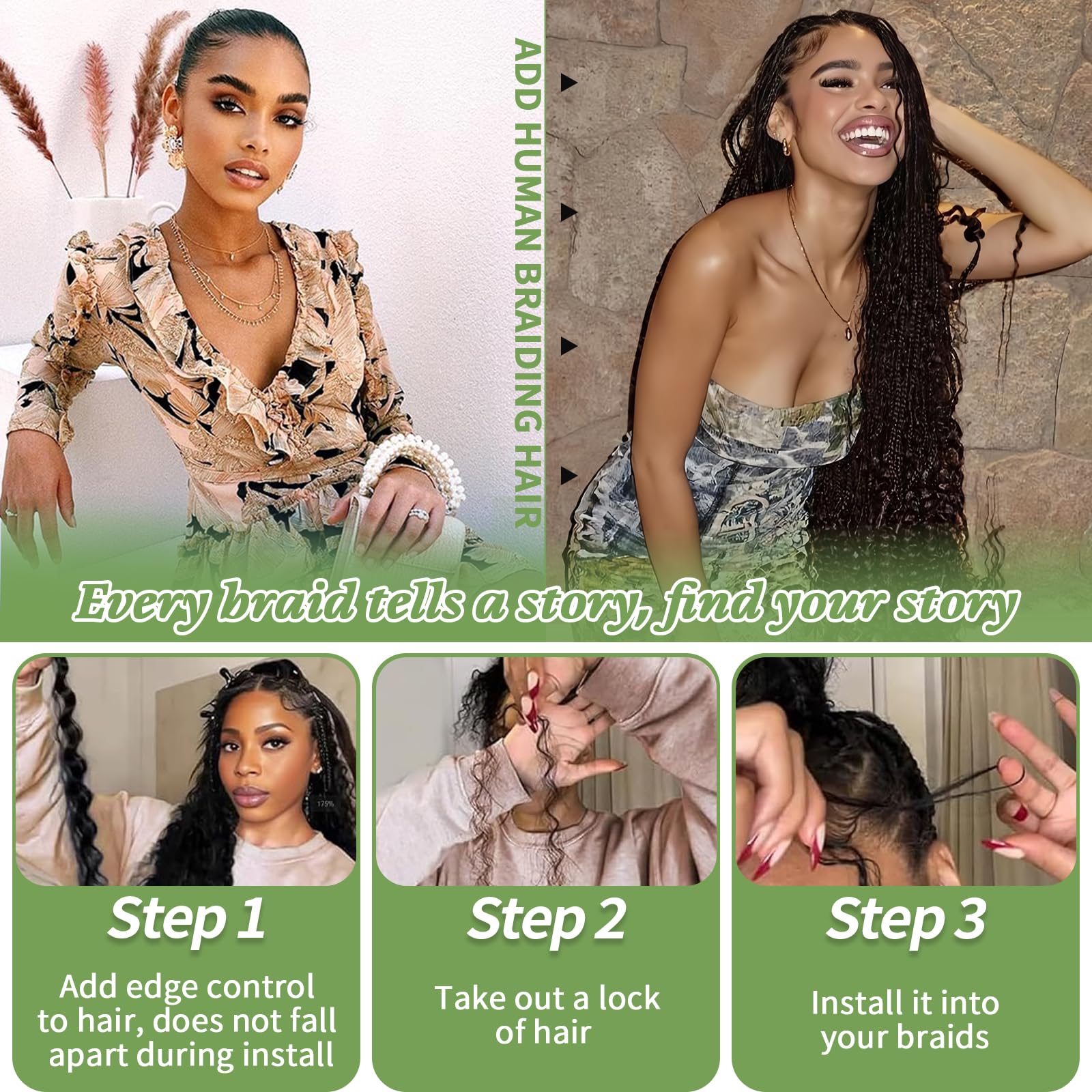 Human Braiding Hair for Boho Braids 120g 20 Inch 12A Deep Water Wave Bulk Human Hair Knotless Boho Braiding Curly 100% Virgin No Weft Extensions Bohemian Braids 3 Bundles/Pack Natural Color