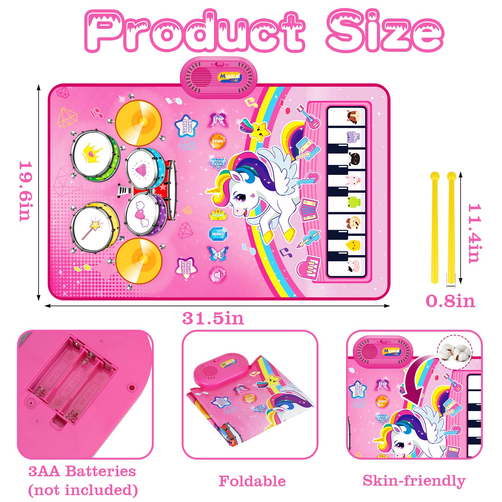 Toys for 1 Year Old Girl Gifts: Baby Music Mat Toddler Toys Age 1-2 - 3 in 1 Piano Drum Animal Touch Unicorn Toy - Infant Musical Toy 12-18 Months Babies Birthday Easter Gifts for 1 2 3 Year Old Girls