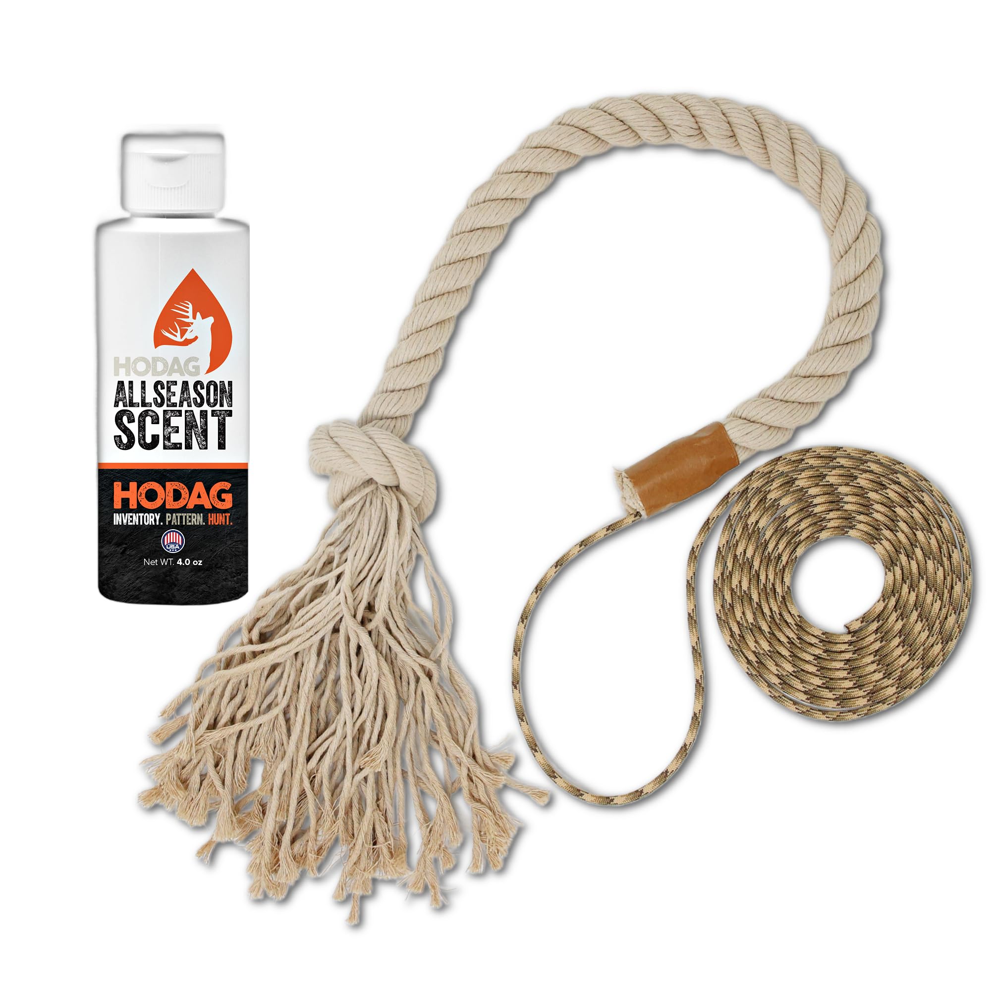 HODAG HempScent Rope for Deer Hunting – Effective Whitetail Attractant & Lure – Easy to Set Up Mock Scrape Kit with 4 oz AllSeason Scent - Buck or Doe Urine, Estrus Dripper Alternative (Single-Setup)