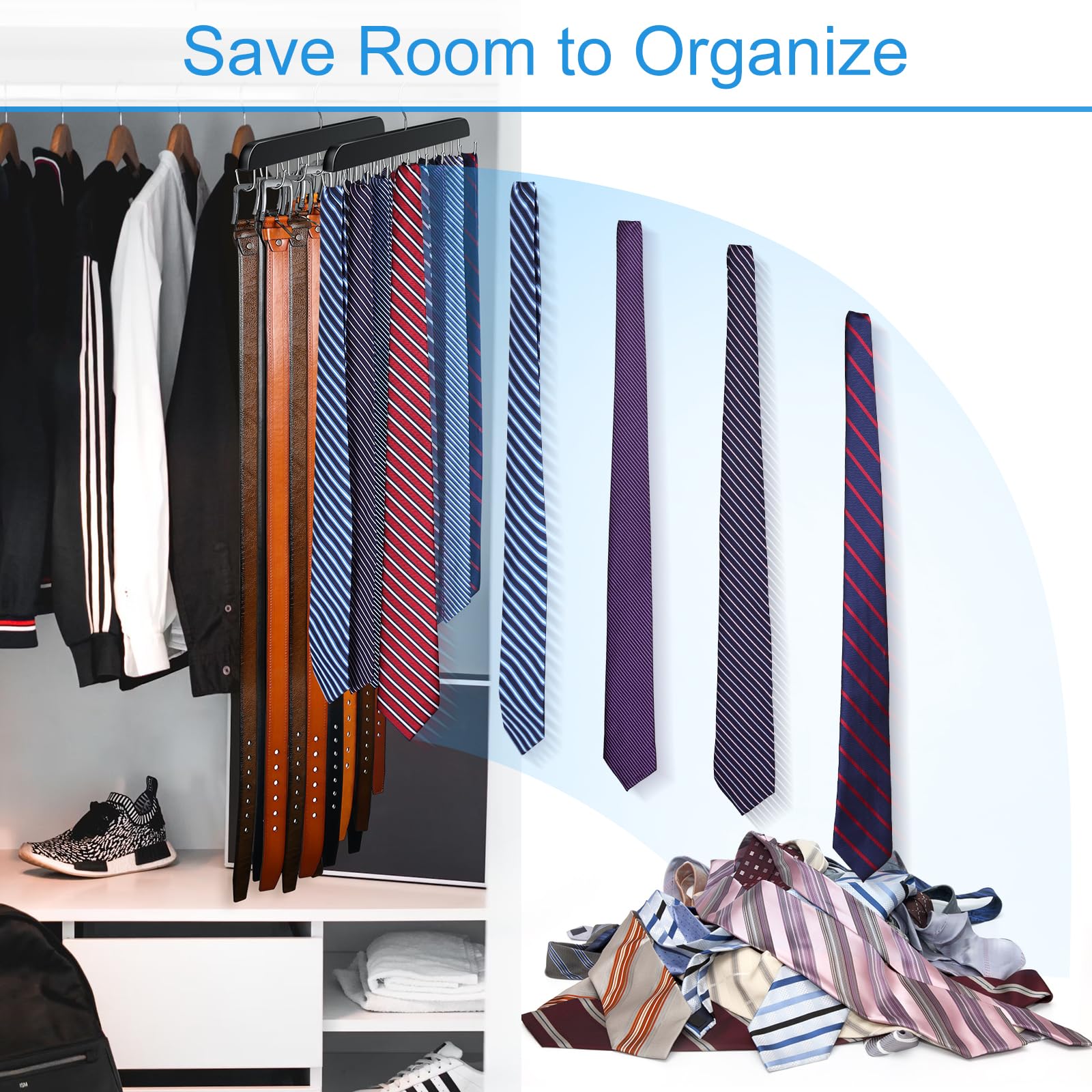 Belt Hanger for Closet Max 42 Belts, Sturdy Wood Belt Rack Closet Accessories with 14 Hooks Belt Organizer for Closet Organizers and Storage -Black 1 Pack