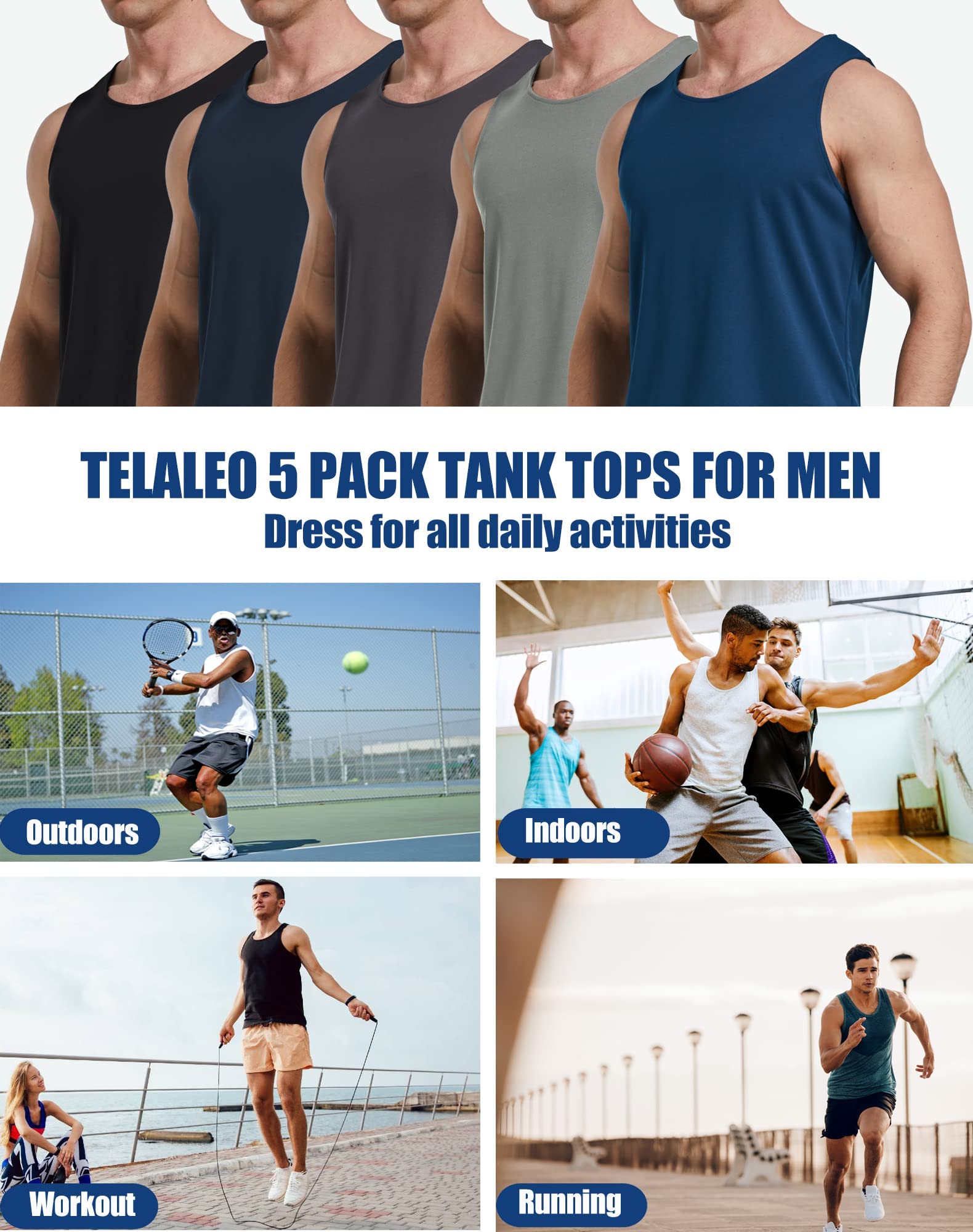 TELALEO 5 Pack Men's Workout Tank Tops Sleeveless Mesh Muscle Gym Shirt Quick Dry Black/Gray/Charcoal/Navy/Blue L