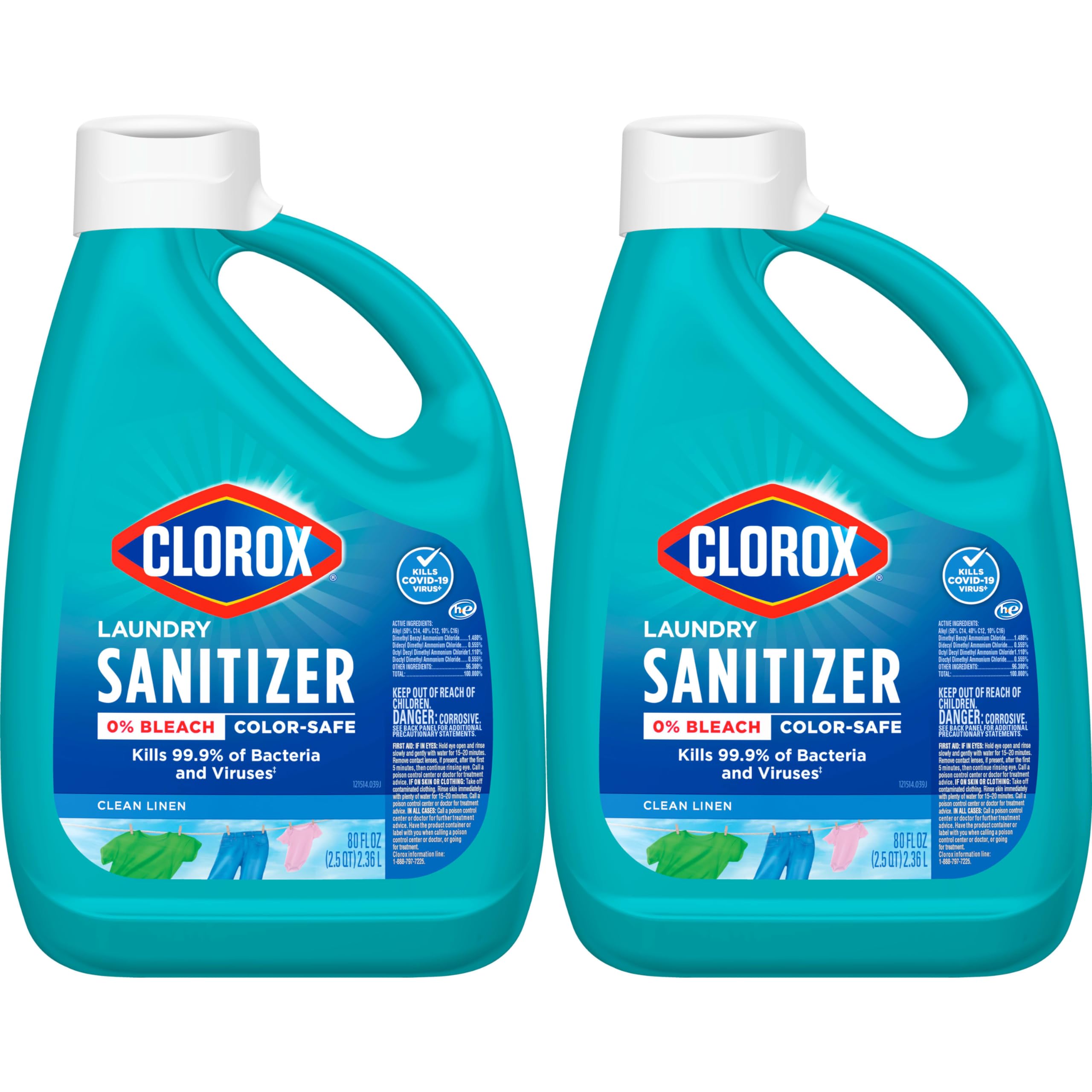 CLOROX Laundry Sanitizer, 0% Bleach, Color Safe, Clean Linen, 80 Fl oz, Pack of 2 (Pack May Vary)