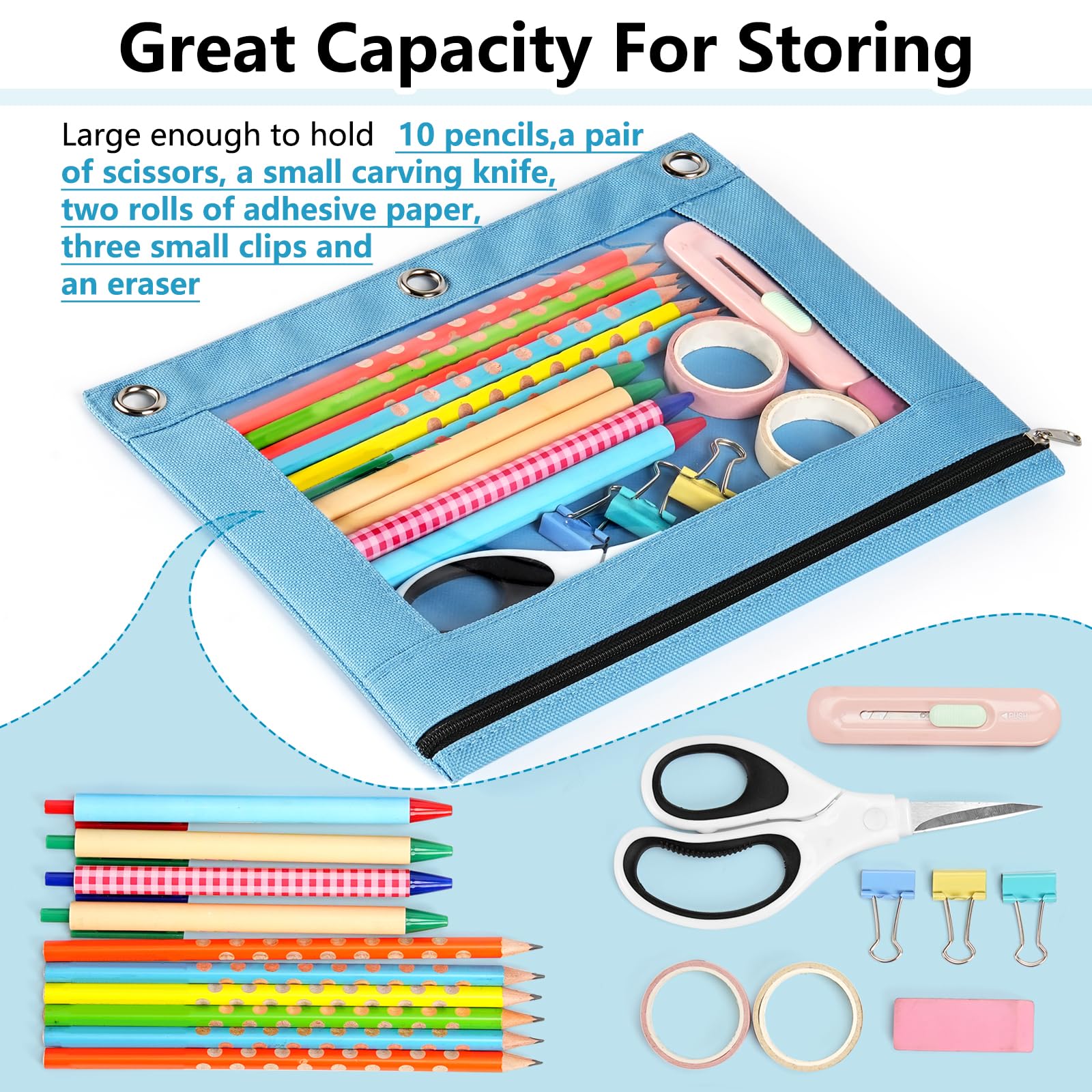 Forvencer Pencil Pouch for 3 Ring Binder, Binder Pencil Case with Smooth Zipper, Clear Window Pencil Case for Binder, Big Capacity 3 Ring Binder Pencil Bag with 3 Reinforced Grommets, Pink