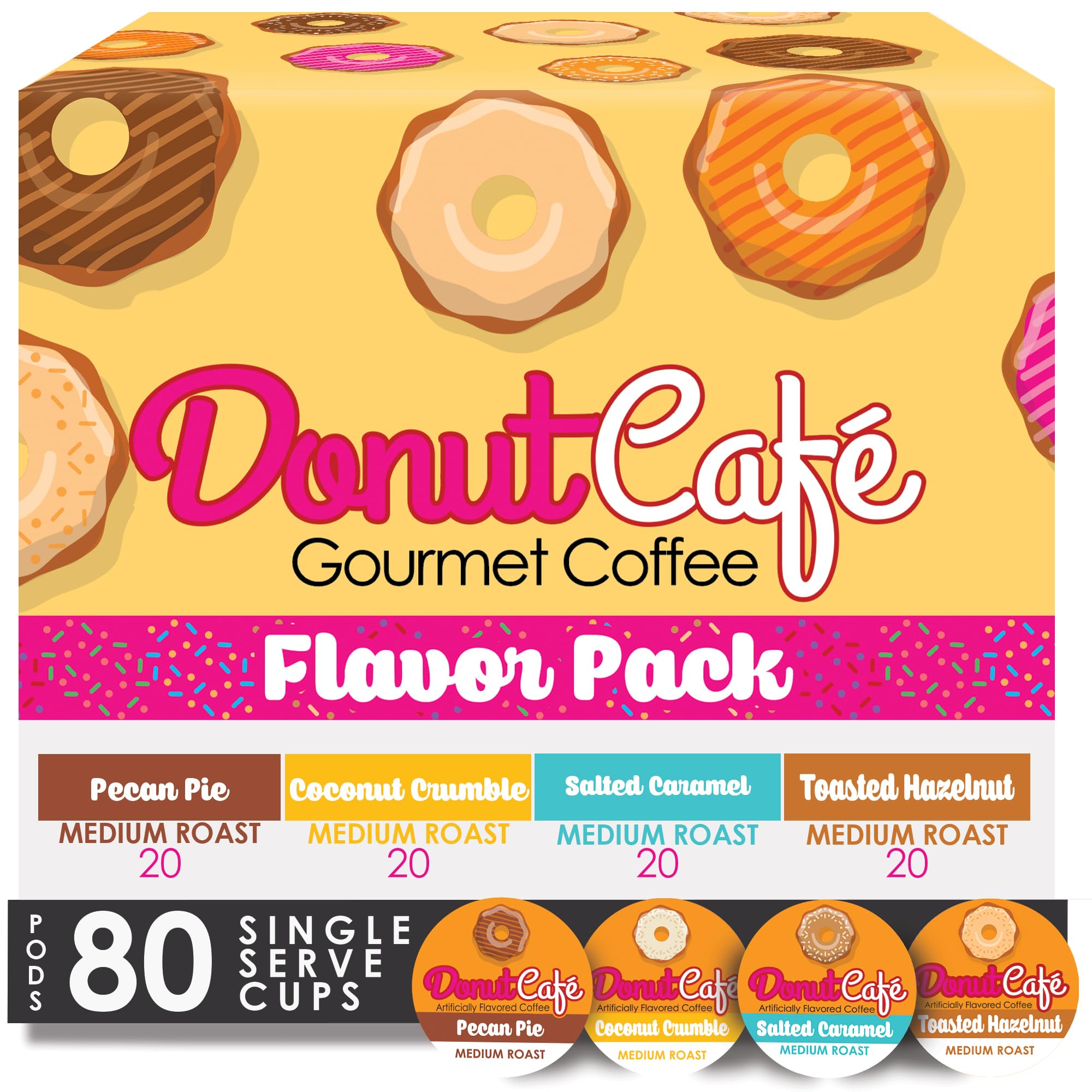 Donut Cafe - Gourmet-Kaffee Mittelstark geröstete aromatisierte Vielfaltspackung - Pekannusskuchen, Kokosnuss-Crumble, Gesalzenes Karamell, Geröstete Haselnuss - Einzelportion-Kaffeekapseln für Keurig K Cup Brühmaschinen - 80 Stück