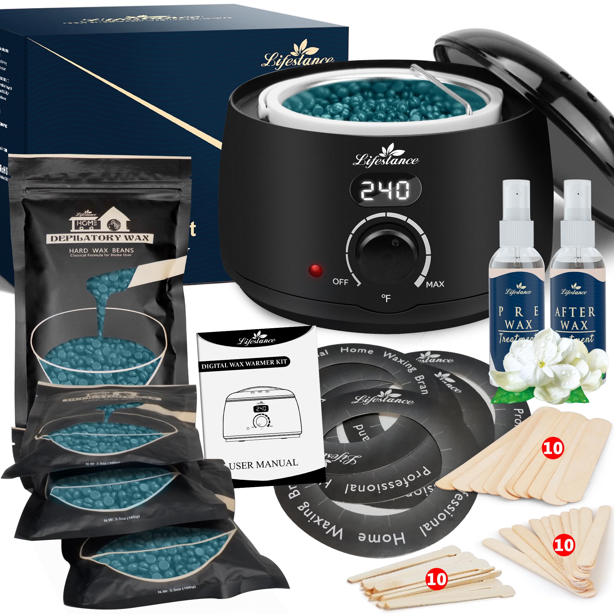 Lifestance Waxing Kit for Women & Men - L2 Digital Wax Pot Warmer, Brazilian & Bikini Hair Removal Kit with 14.1oz Hard Wax Beads & 42 Accessories, Professional for Face, Leg, Eyebrow, Body at Home