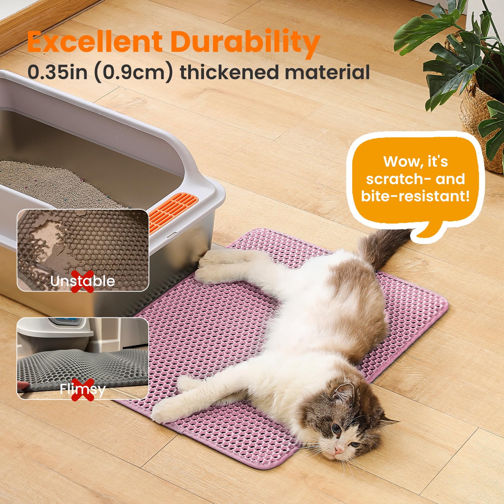 Petinstinct Cat Litter Mat, 24x18 Inches Large Double Layer Honeycomb Cat Litter Trapping Mat, Non Slip Waterproof Urine Proof Cat Litter Box Mat for Floor, Kitty Litter Rug, Cat Supplies, Pink