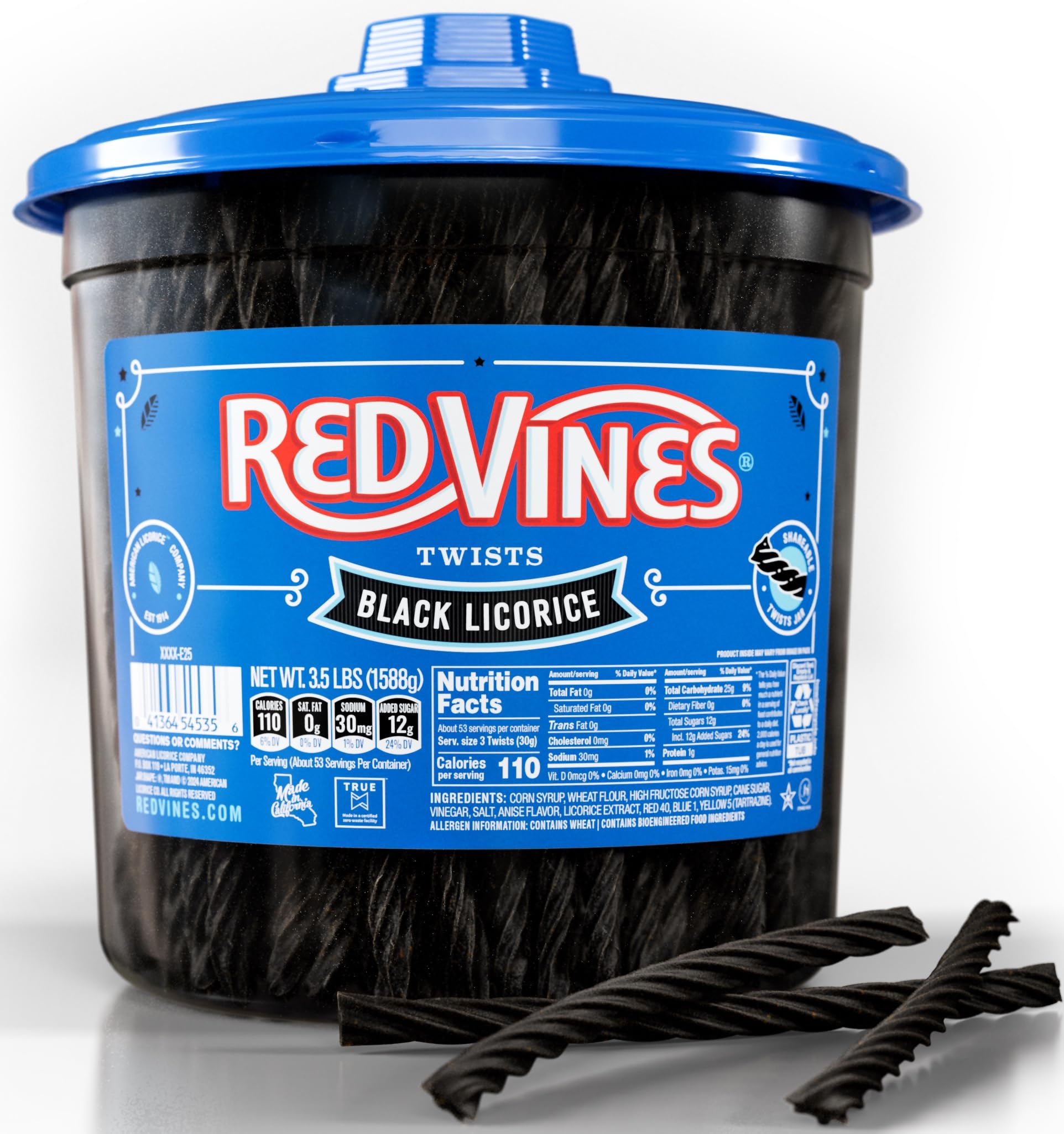 Red Vines حلوى عرق السوس السوداء - حلويات عرق السوس السوداء طرية ومطاطية بلفات بوزن 3.5 رطل (جرة)