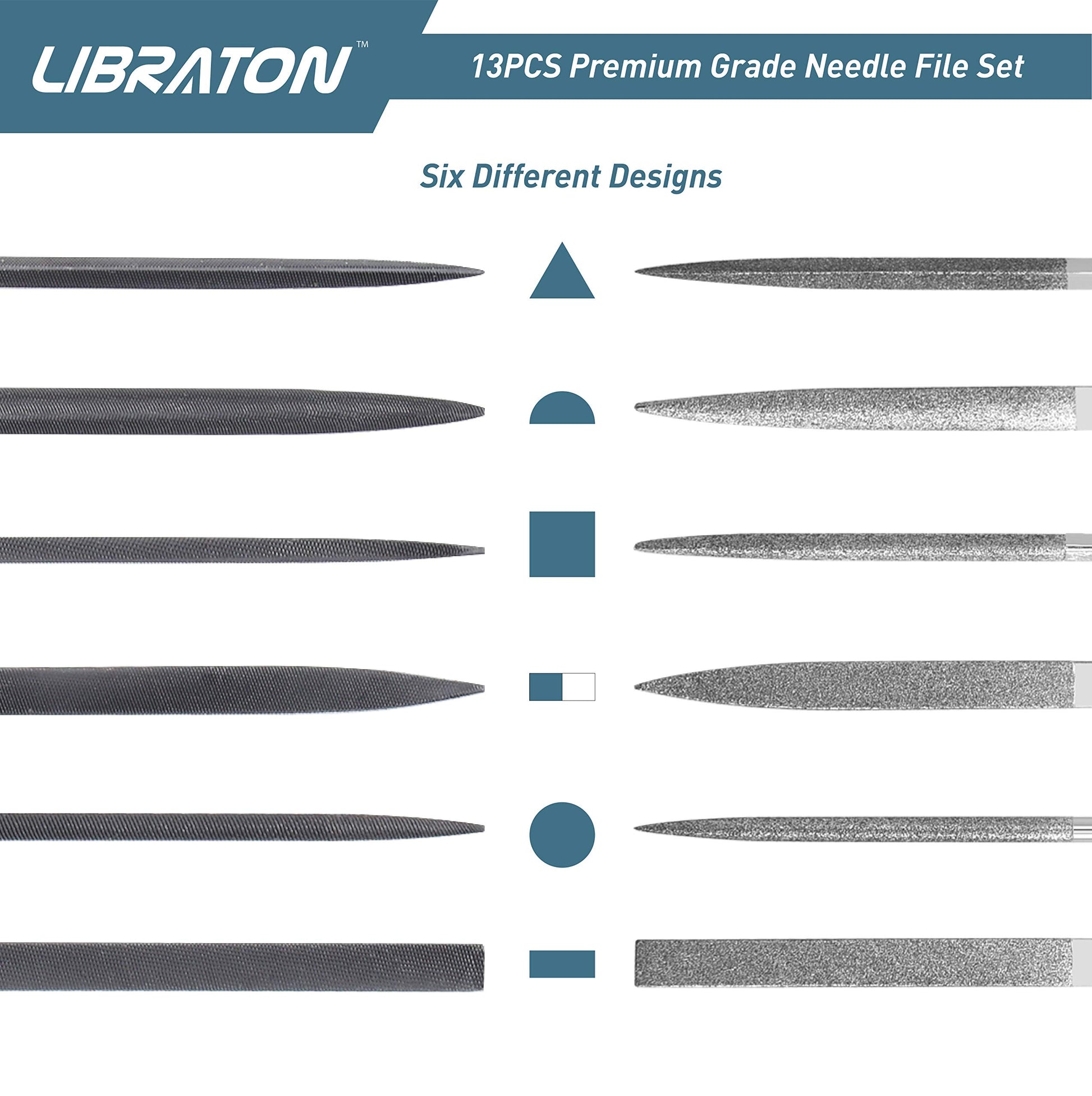 LIBRATON Small File Set, Needle Diamond Files 13PCS, 6pcs Jewlers & 6 Steel for Precision Metal Work, Wood, Woodworking, Plastic Carving Tool with Brush and Carry Case