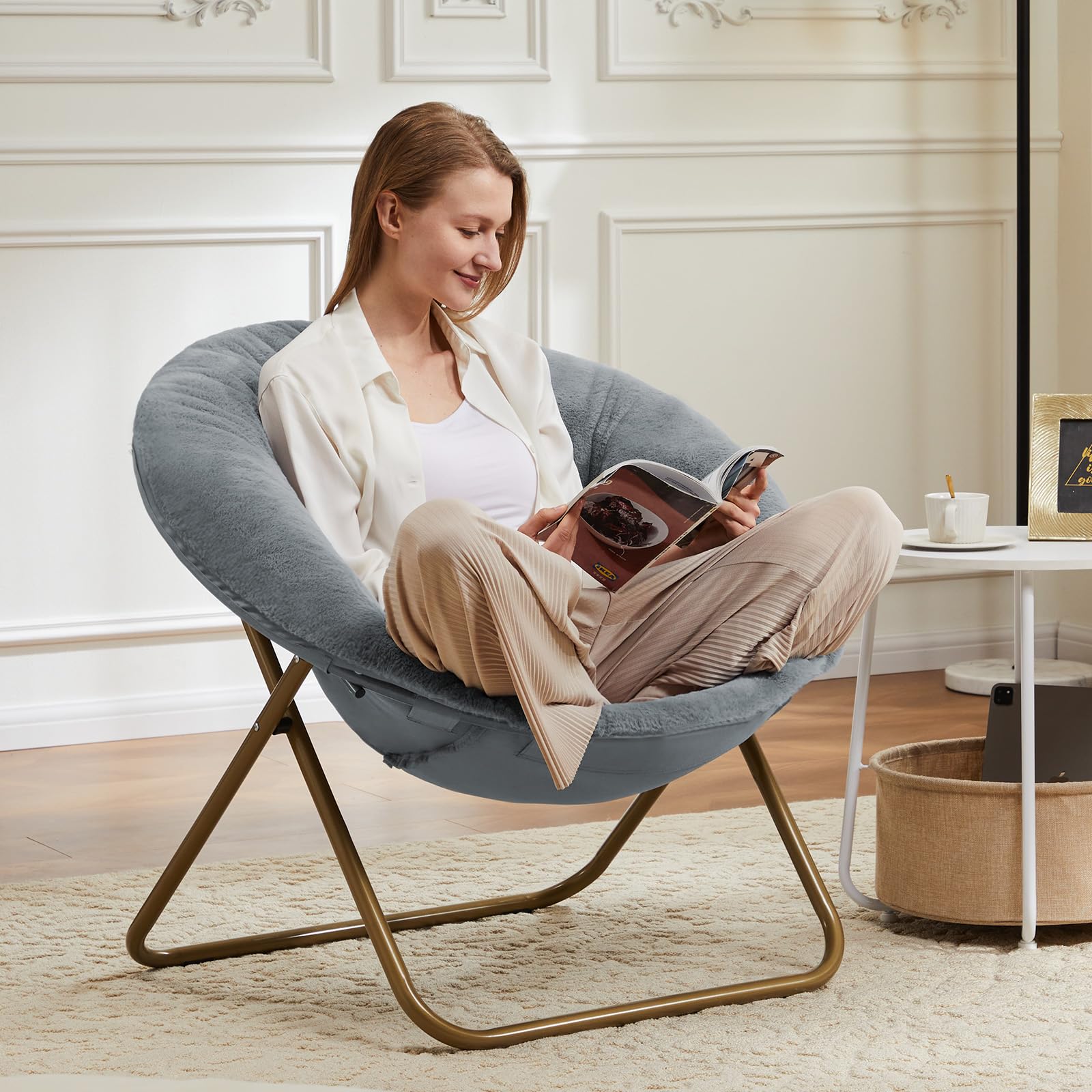 DUMOS Comfy Saucer Chairs Cozy Faux Fur Soft Lounge Cute Folding Bedroom Living Room Seat Flexible Reading Foldable Seating for Kids Adults Thick Padded Metal Frame Modern for Home Office Classic Gray