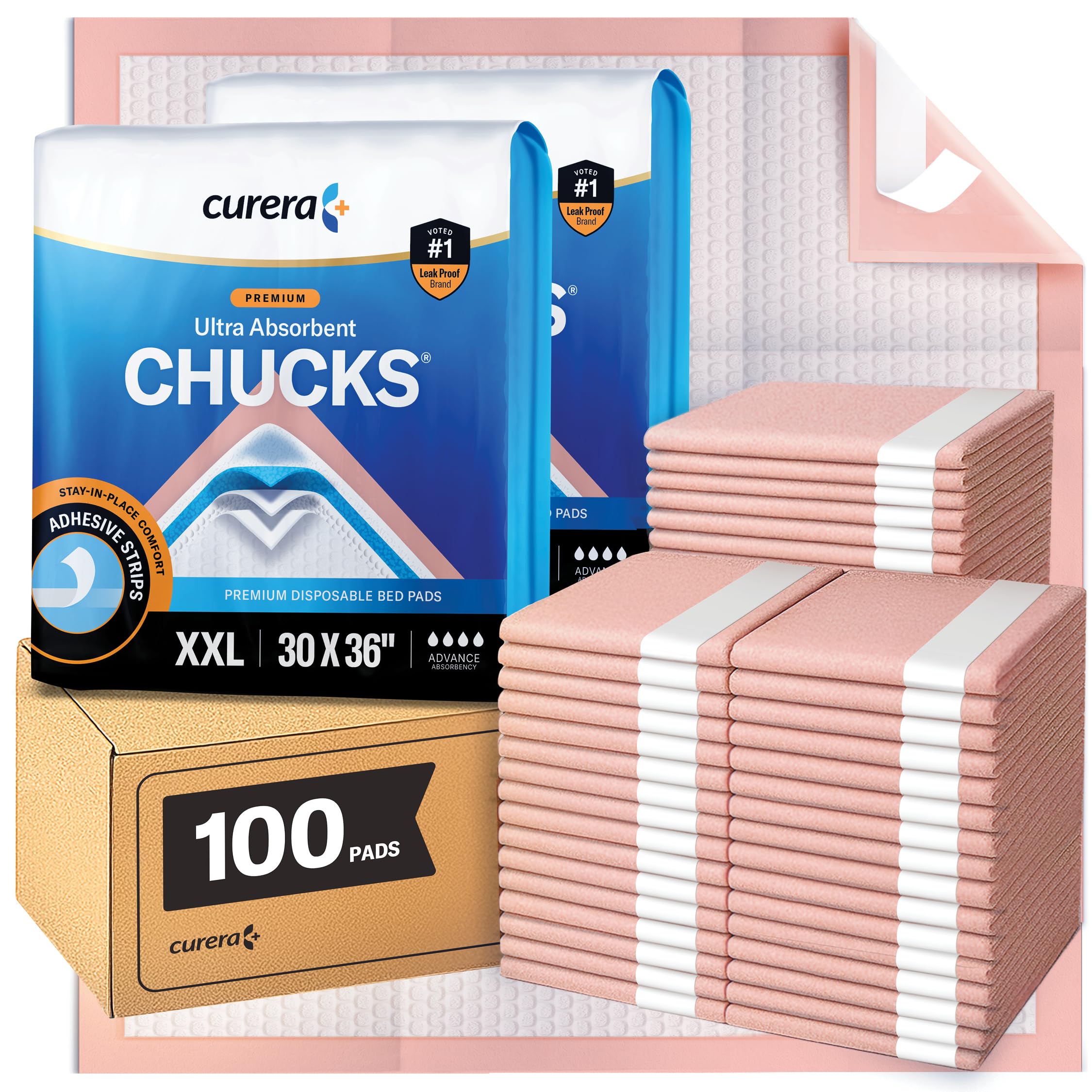 Curera Chucks Premium Disposable Underpads 30”x36” [100-Count] Ultra Absorbent Chux Incontinence Bed Pads Disposable Adult with Adhesive Tape, Pee Pads Pet Training Pads XX-Large 30x36 Bulk Pack