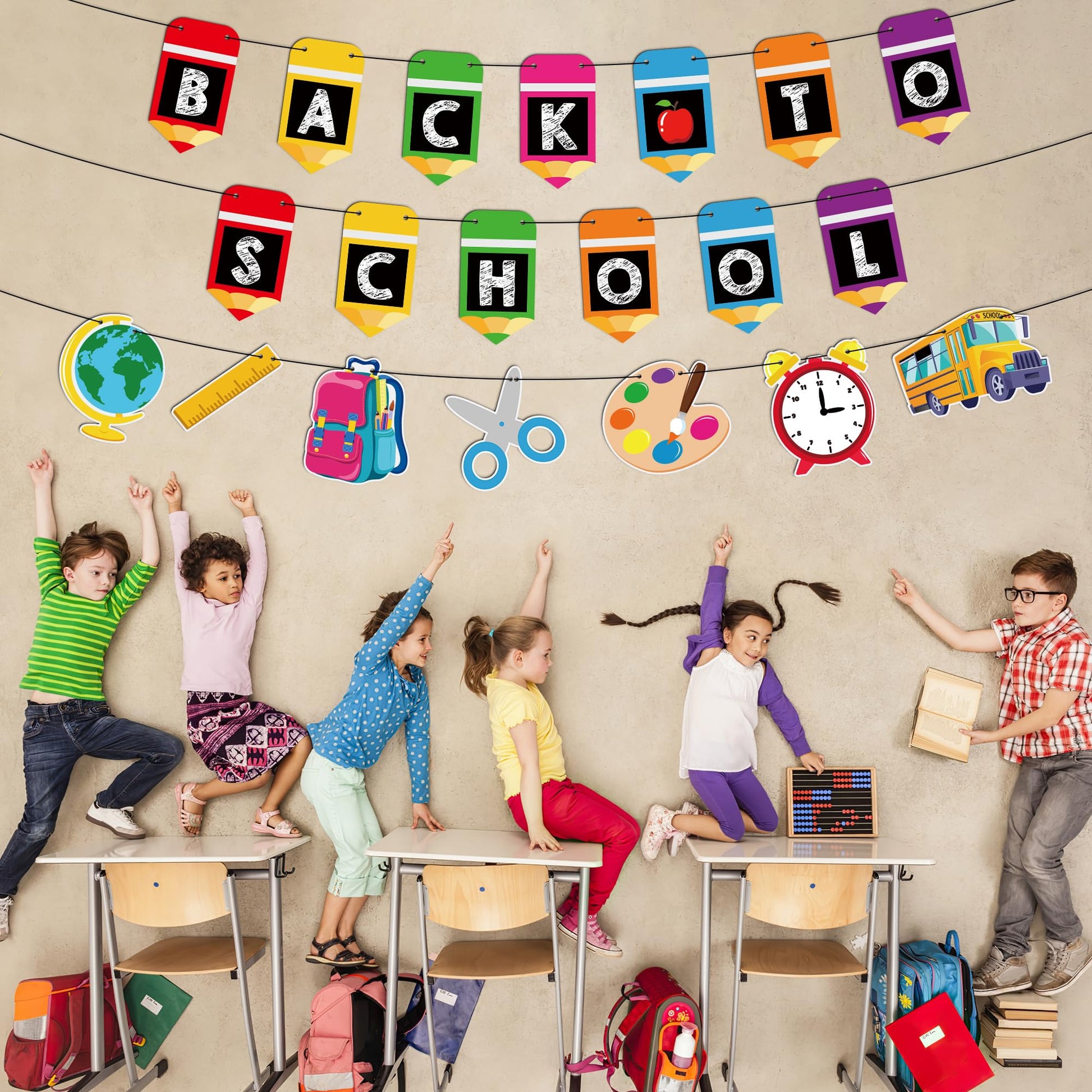 Back to School Decorations, Welcome Back to School Banner with Hanging Ornaments, First Day of School Supplies First Day of School Pencil Banner, Kindergarten Preschool Classroom Home Party Decor