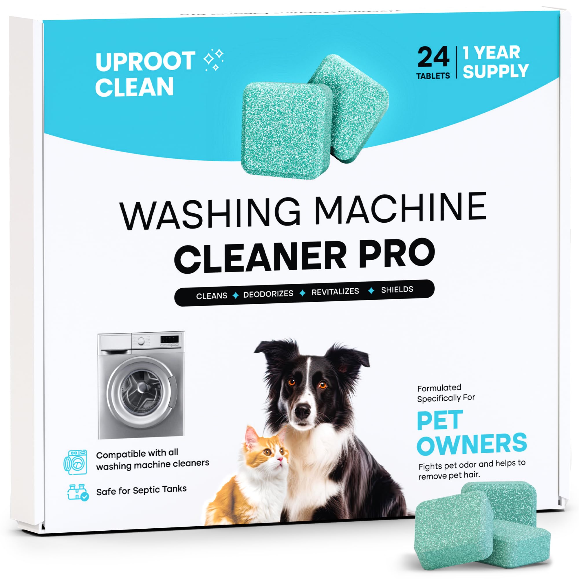 Uproot Clean Washing Machine Cleaner Tablets - 24 Pack for a 12 Month Supply. Formulated for Pet Owners. Compatible with HE, Top & Front Load. Easily Removes Residue, Grime, and Odors. Septic Safe.