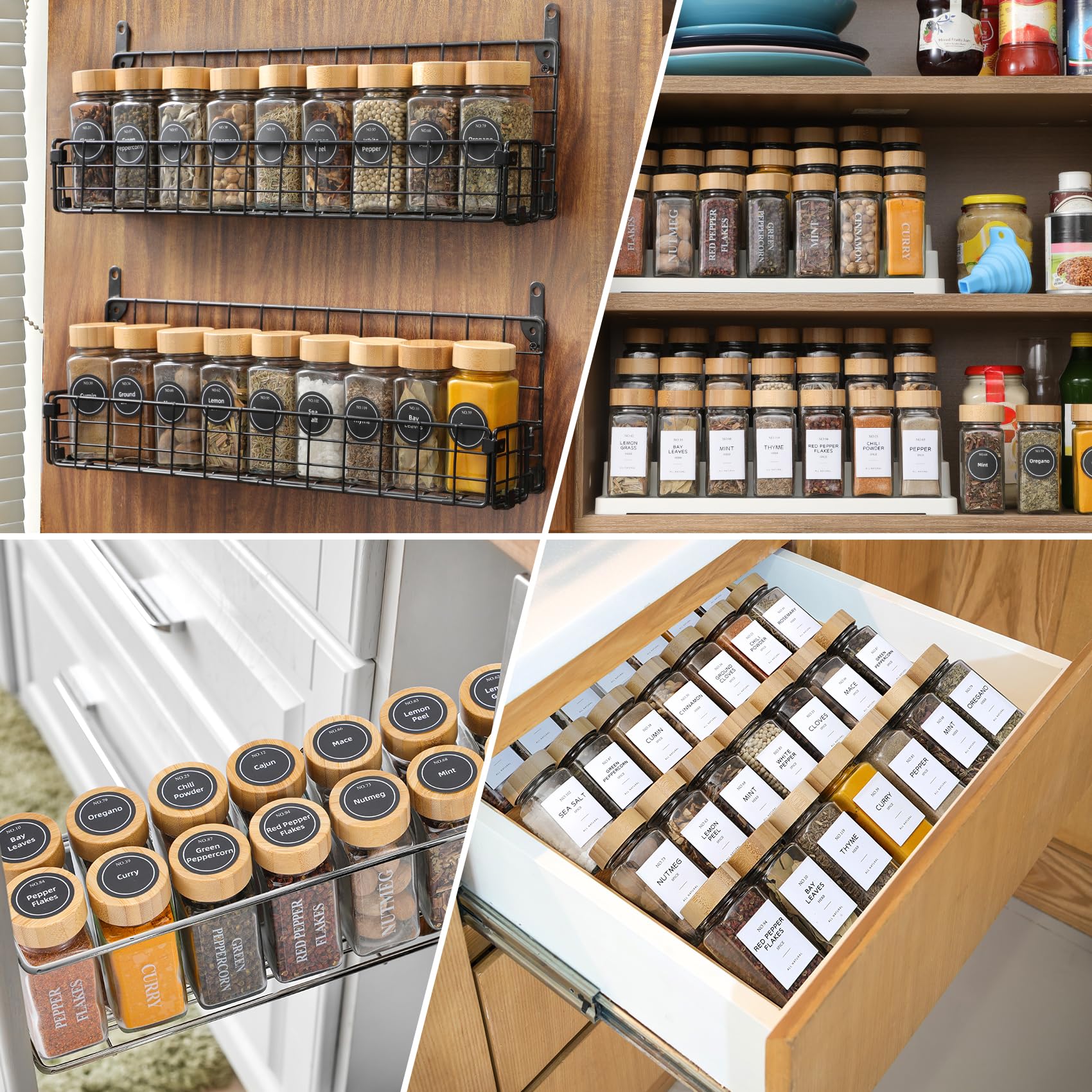 NETANY 24 Pcs Glass Spice Jars with Bamboo Lids, 4 oz Glass Jars with Minimalist Farmhouse Spice Labels Stickers, Collapsible Funnel, Seasoning Storage Bottles for Spice Rack, Cabinet, Drawer