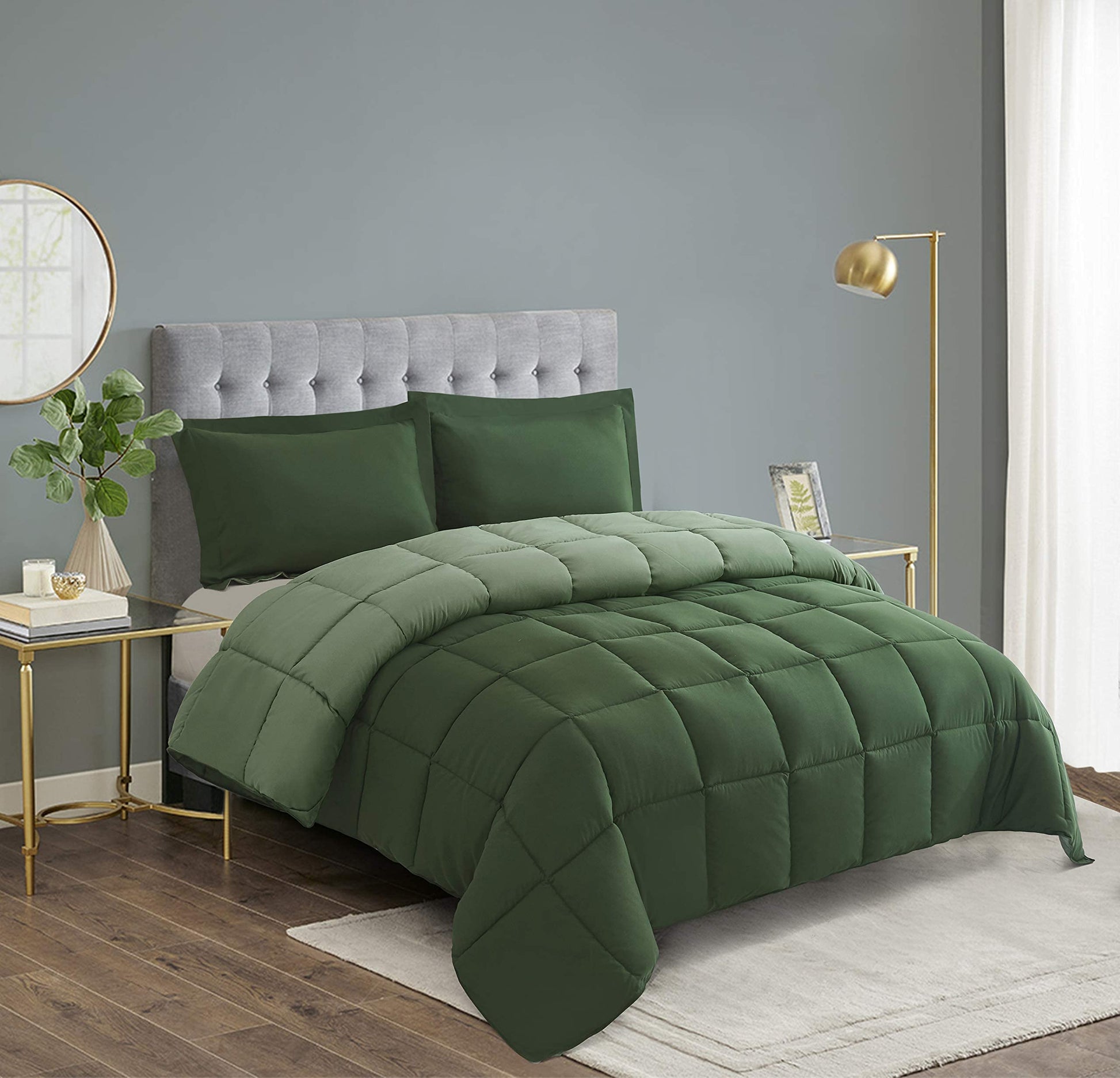 HIG 3pc Green Queen Comforter Set Duvet Insert, Reversible, All Season, Box Stitched, with Corner Tabs, Soft, Fluffy