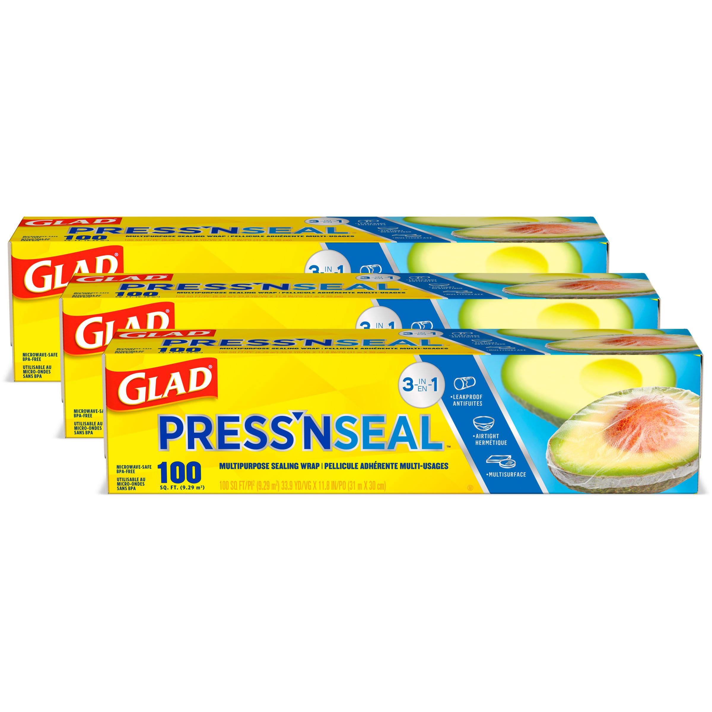 Glad Press'N Seal Plastic Food Wrap, 100 Square Foot Roll, Pack of 3, (Package May Vary)