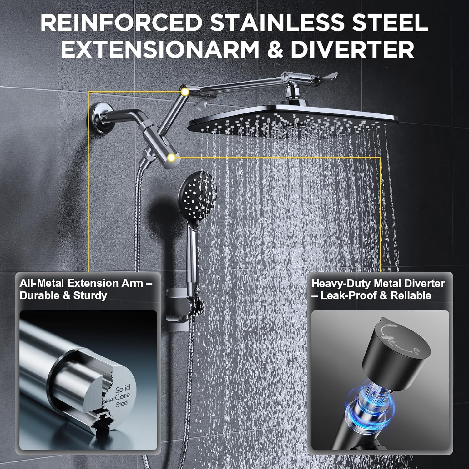 Veken Wide Rain Shower Head with Handheld, High Pressure Rainfall Showerhead Combo with Arm for Bathroom Accessories, Home Decor, Detachable Dual Shower with Multi Modes Handheld Spray, Silver Chrome
