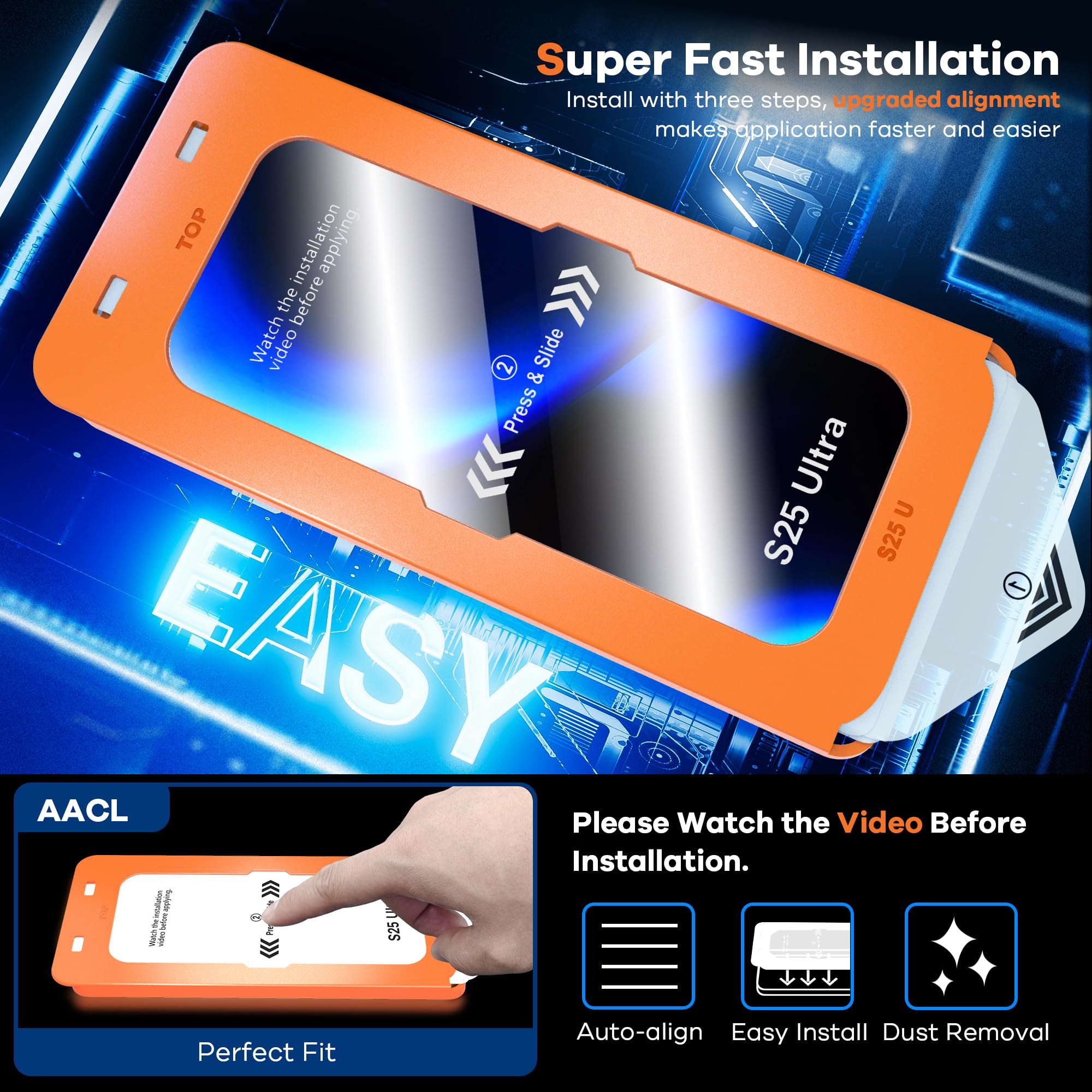 AACL 3-Pack for Samsung Galaxy S25 Ultra Screen Protector Tempered Glass, 9H Glass for S25 Ultra Screen Protector 5G, [Fast Alignment Tool] [Bubble Free] [6.9 Inch]