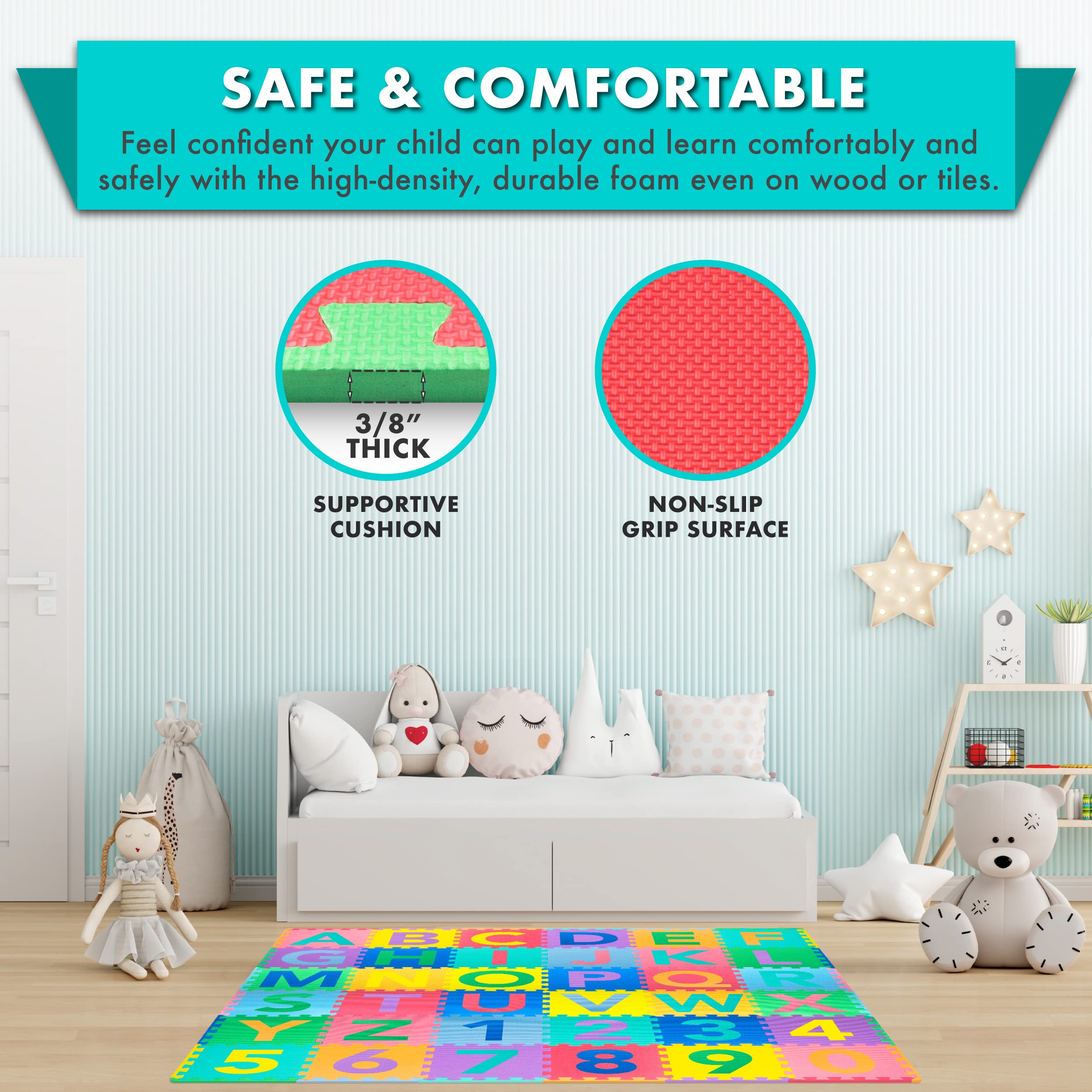ProSource Kids Puzzle Alphabet, Numbers, 36 Tiles and Edges Play Mat, 12"x12", Abc & 123
