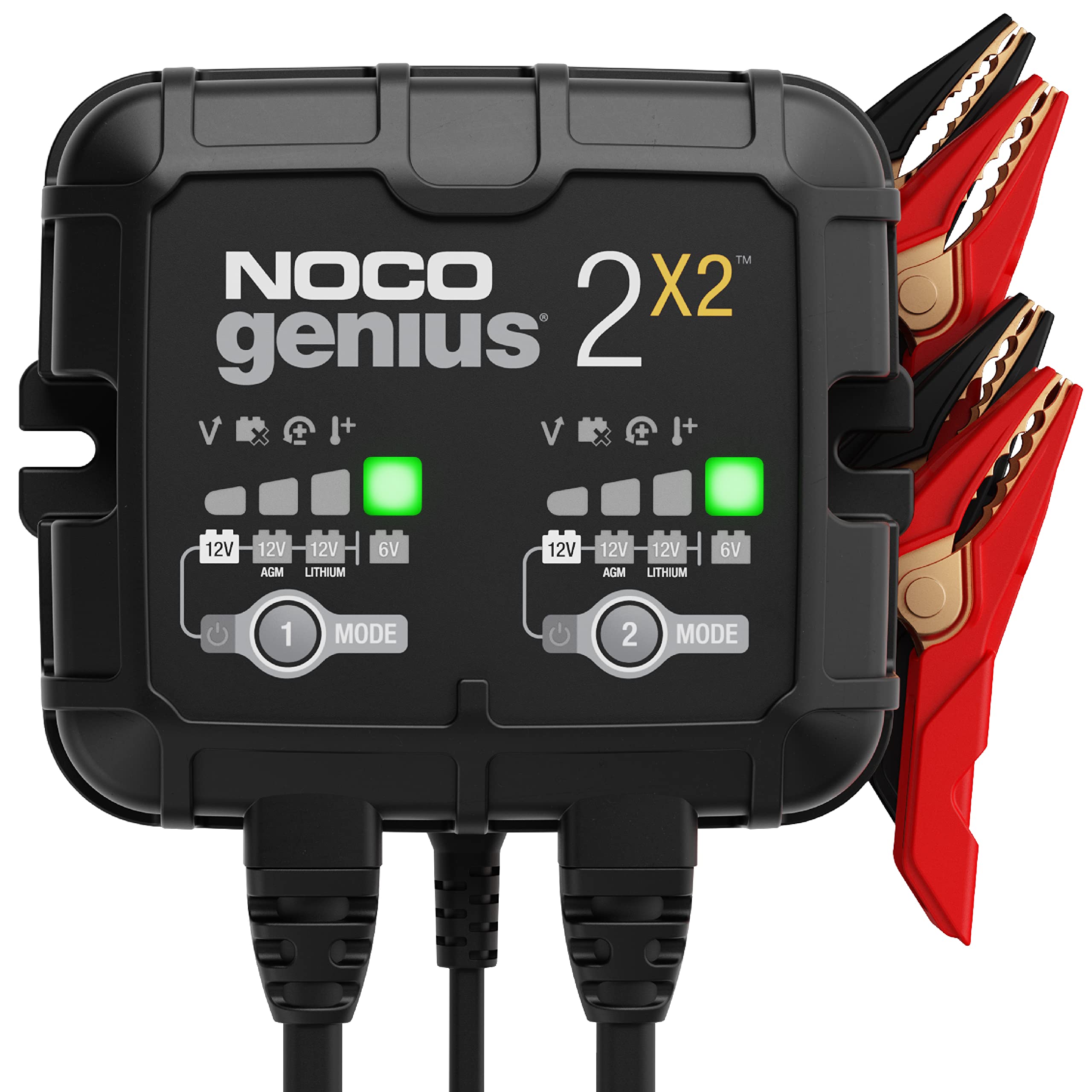 NOCO GENIUS2X2: شاحن بطارية ذكي ثنائي الخلايا 4 أمبير (2 أمبير/خلية) - جهاز صيانة تلقائي 6 فولت/12 فولت، شاحن بطيء، ومزيل كبرتات مع حماية من الشحن الزائد وتعويض درجة الحرارة - لبطاريات الرصاص الحمضية والليثيوم