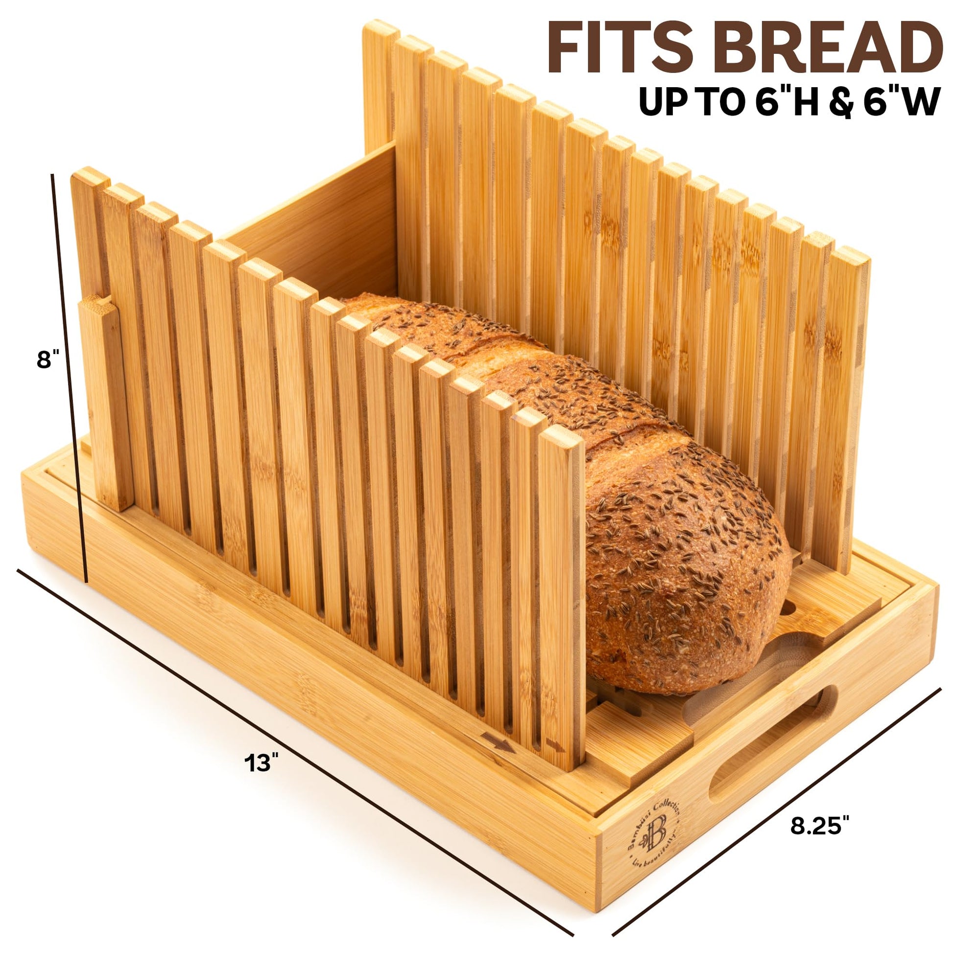 Bread Slicer for Homemade Bread - BAMBUSI New Upgrade Bamboo Bread Cutter with Adjustable Width, Foldable Compact Slicing Guide and Crumb Tray - Bread Cutter for Loaf, Cake, Bagels - Gift for Bakers