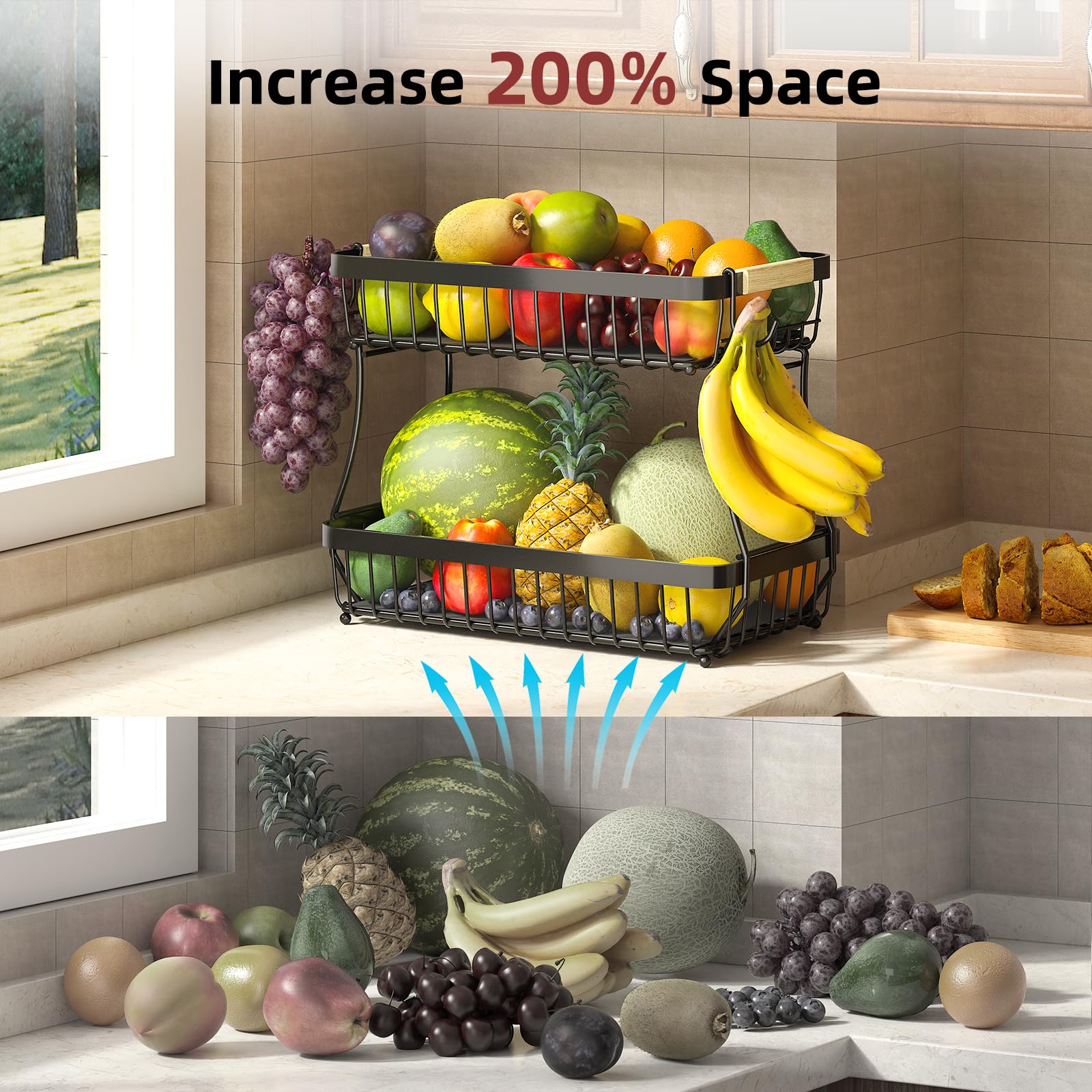 Sevenblue 2 Tier Fruit Basket for Kitchen Counter with 2 Mobile Banana Hangers, 2025 Pro Detachable Metal Fruit Bowl with Wooden Handle, Fruit Holder for Bread Snack Veggies with Protective Mats