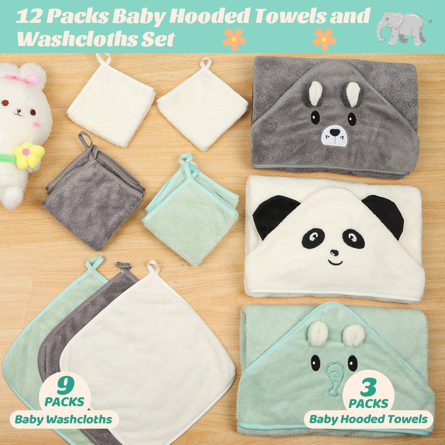 Sublaga 12 PCS Baby Towels, 3 PCS Soft Hooded Baby Towels & 9 PCS Washcloths, Baby Bath Towels for Newborns, Infants & Toddlers- Ultra Absorbent, Cute Baby Towel Gift for Boys & Girls