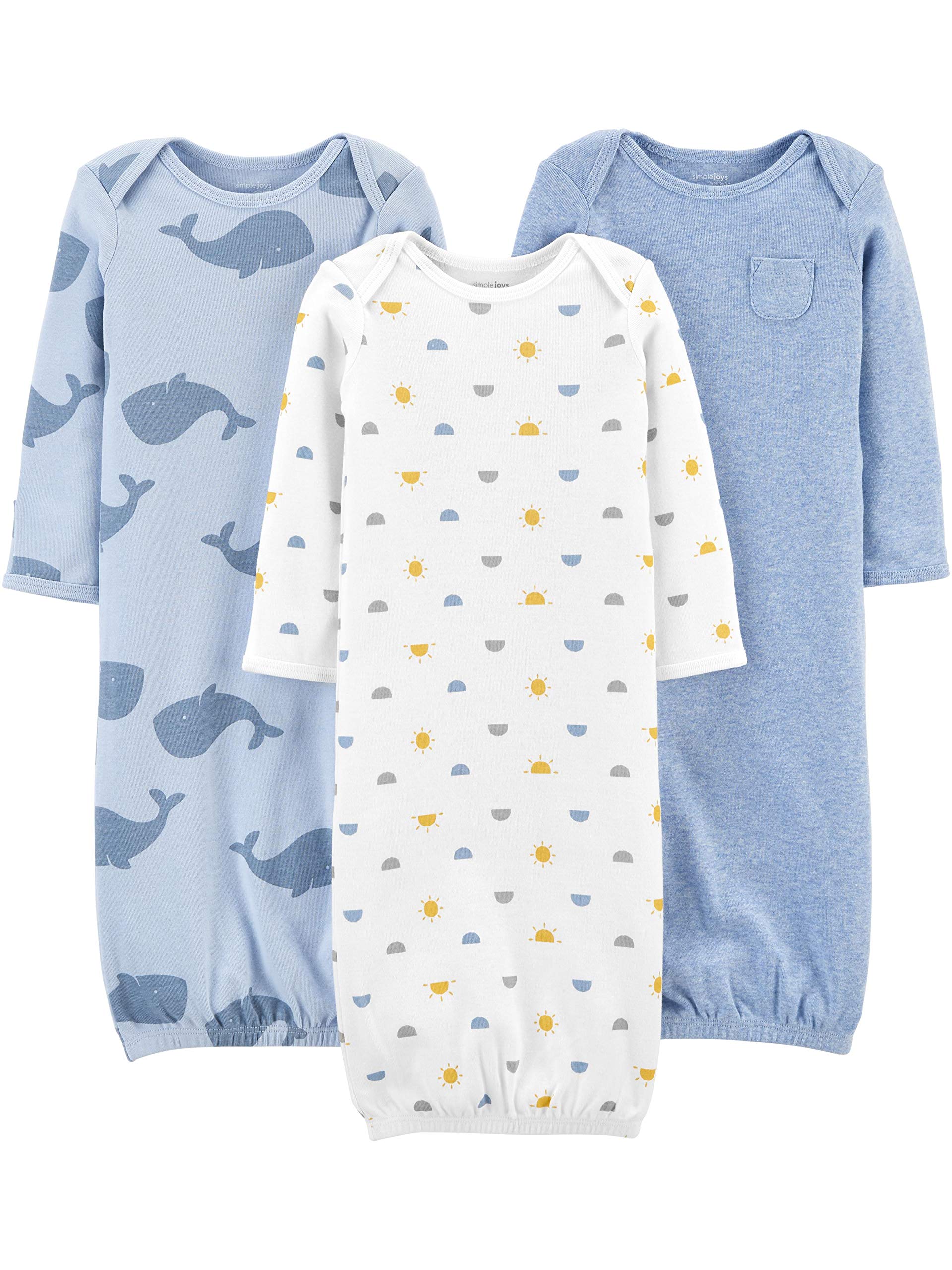 Simple Joys by Carter's Baby Boys' Cotton Sleeper Gown, Pack of 3, Heather/Stripe/Whales, 0-3 Months