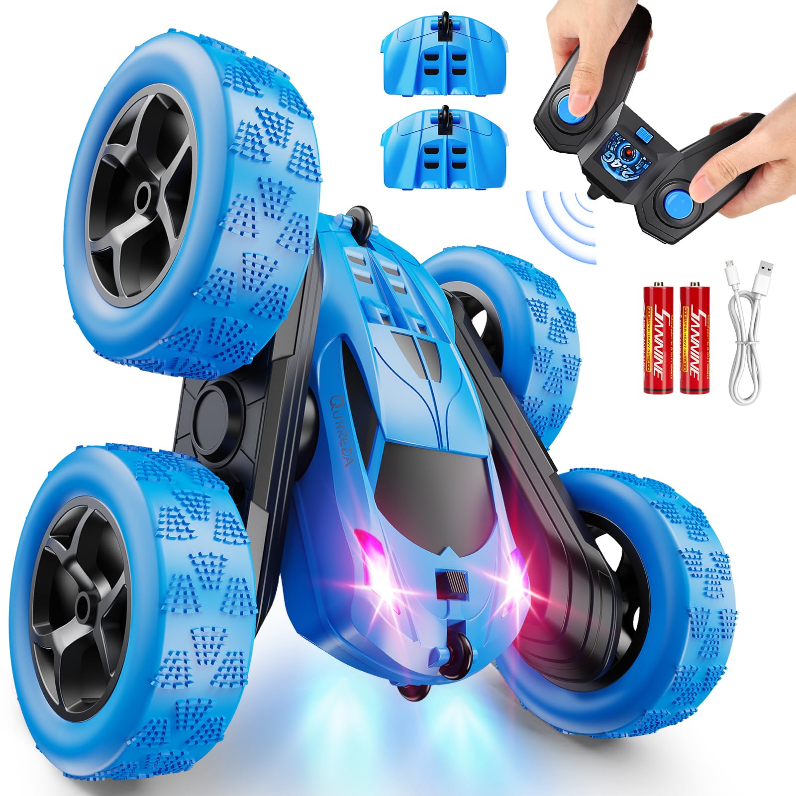 QUNREDA Remote Control Car, RC Cars Toys for Kids Ages 6-12, 4WD Stunt Car with LED Lights & 360 degrees Flips, 2.4GHz, Upgraded USB-C Modular Batteries, 8-10 Year Old Boys Birthday Gift 1-Blue