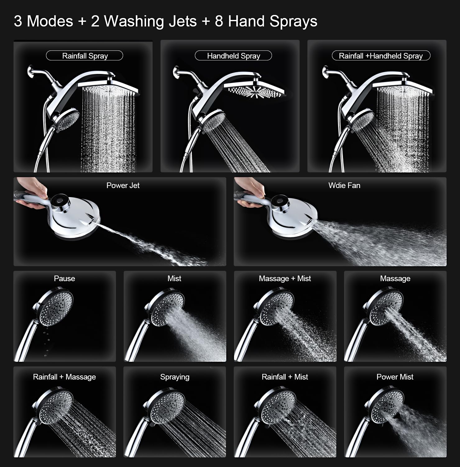 High Pressure Rain Shower Head: Upgrade Shower Heads with Handheld Spray Combo with Fixed Showerhead and 10 Sprays Handheld Shower Head, Detachable Shower head Built-in Magnetic Docking and Power Jets