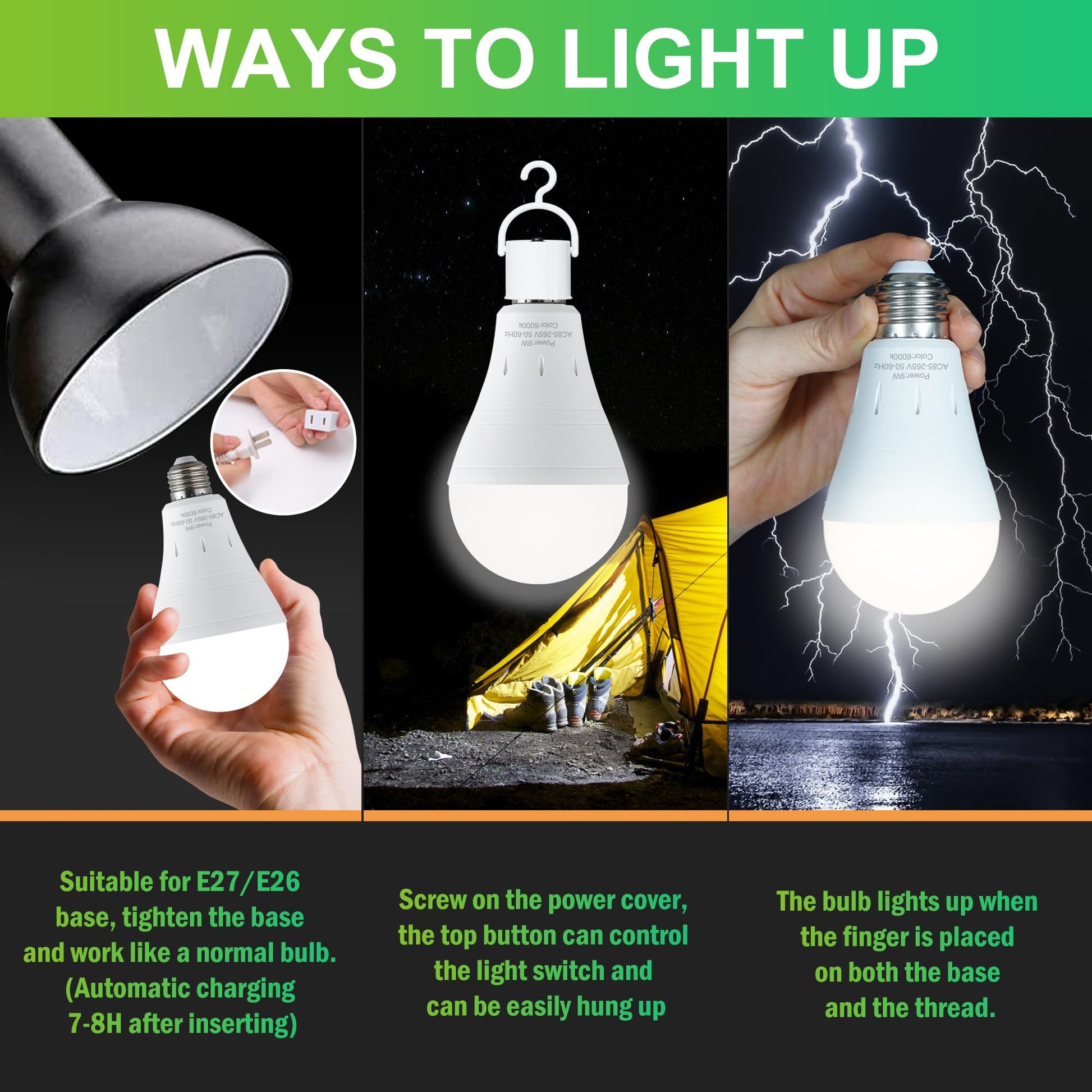DEBAOBULB 6 Pack Rechargeable Emergency Light Bulbs, Battery Powered Energy Efficient LED Light Bulb 6000K Daylight E26 120 Volt 9W 60W Equivalent with 1200mAh for Home Power Outage Camping Hurricane
