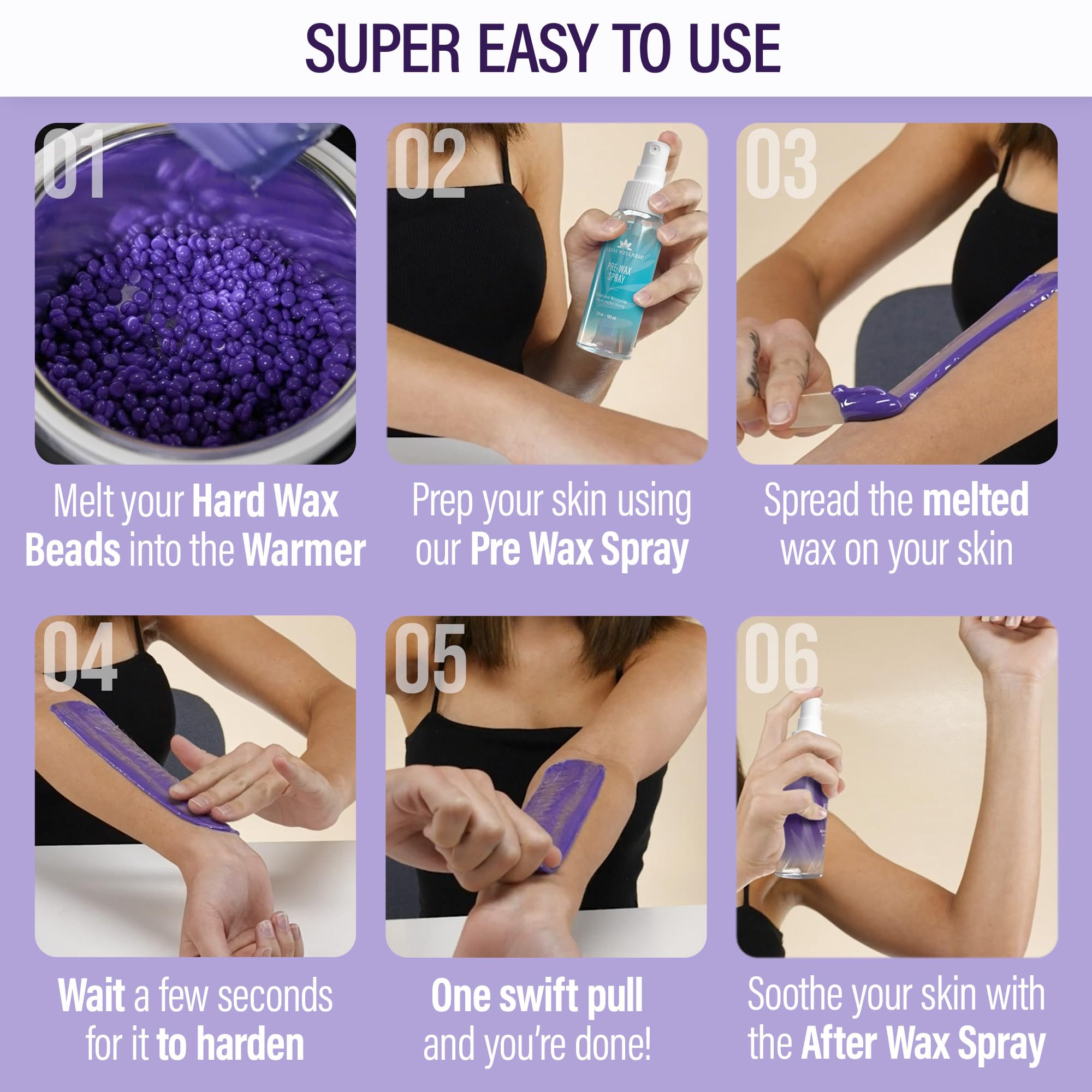 Tress Wellness Waxing Kit for Sensitive Skin, Safe for Face & Skin, Prep & Aftercare Spray, Easy to Use, At-Home Kit for Face, Bikini, Brazilian & Full Body - Digital Display, Black Purple Flower