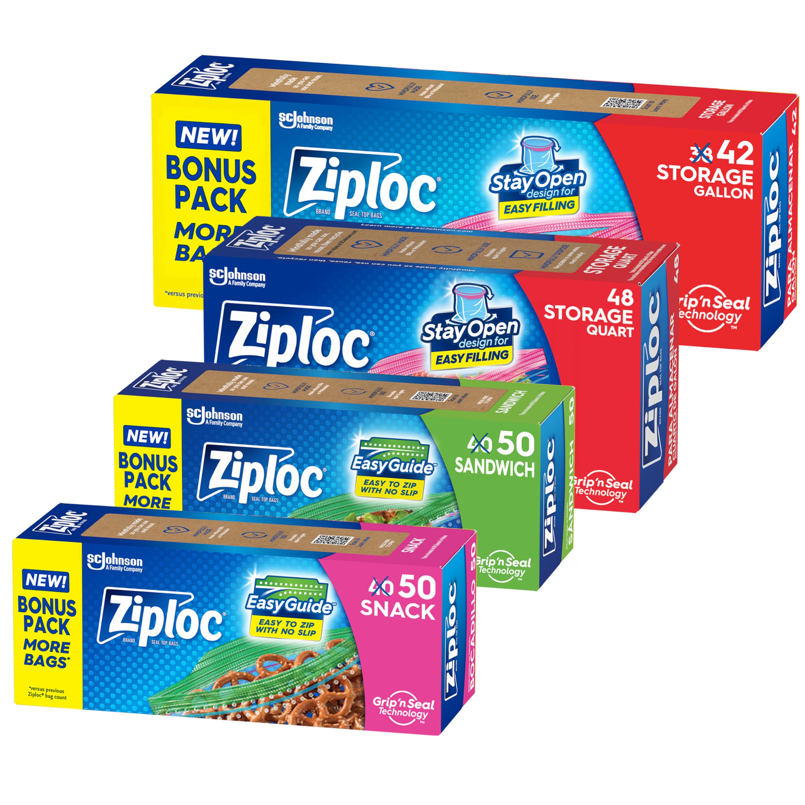 Ziploc Brand Storage Bags Variety Pack, 42ct Storage Gallon and 48ct Storage Quart with Stay Open Design, 50ct Sandwich and 50ct Snack with Grip N Seal Technology, 190ct Total