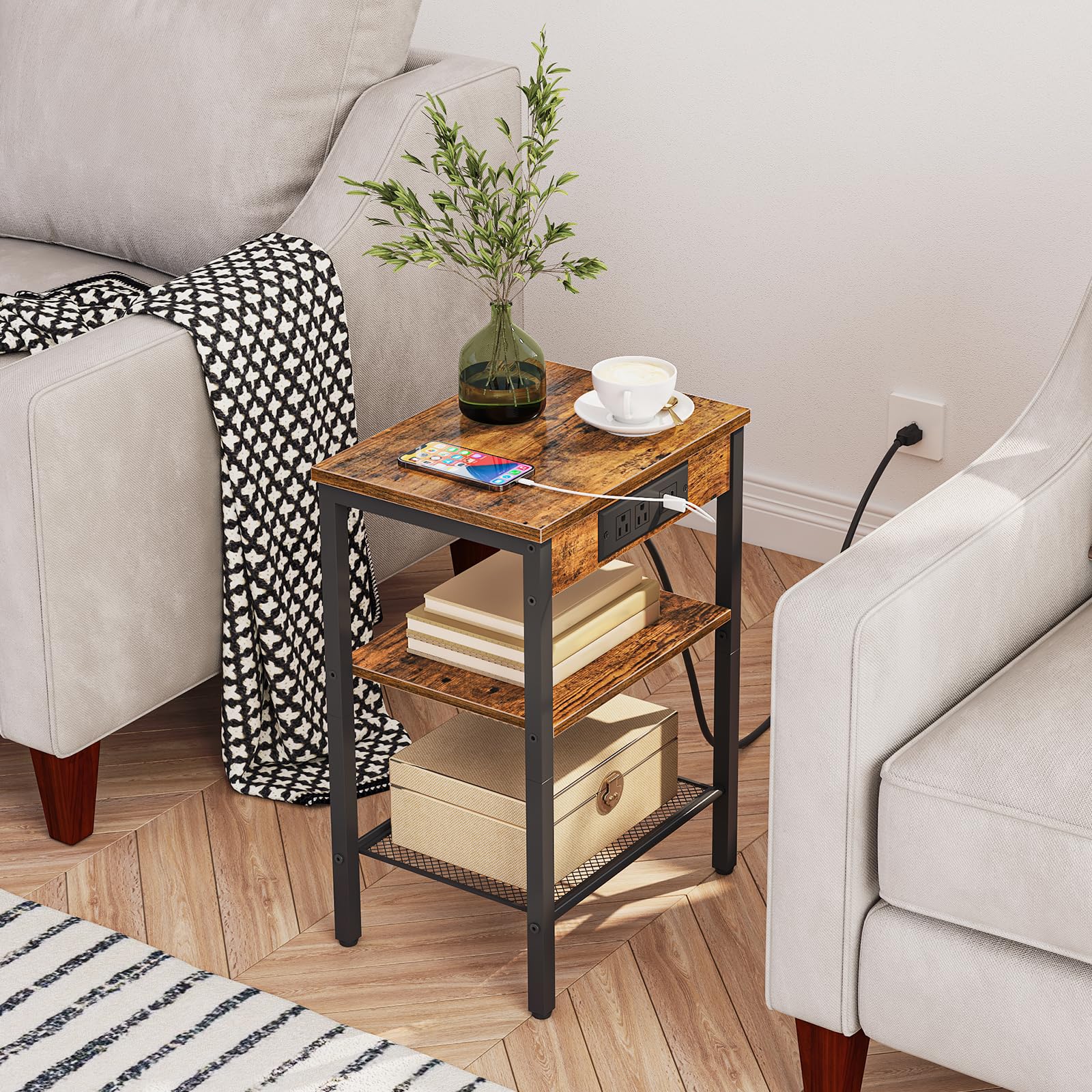 HOOBRO Side Table with Charging Station and USB Port, Small End Table for Small Space, 3-Tier Nightstand with Adjustable Shelf, for Living Room, Bedroom and Balcony, Rustic Brown BF112BZ01