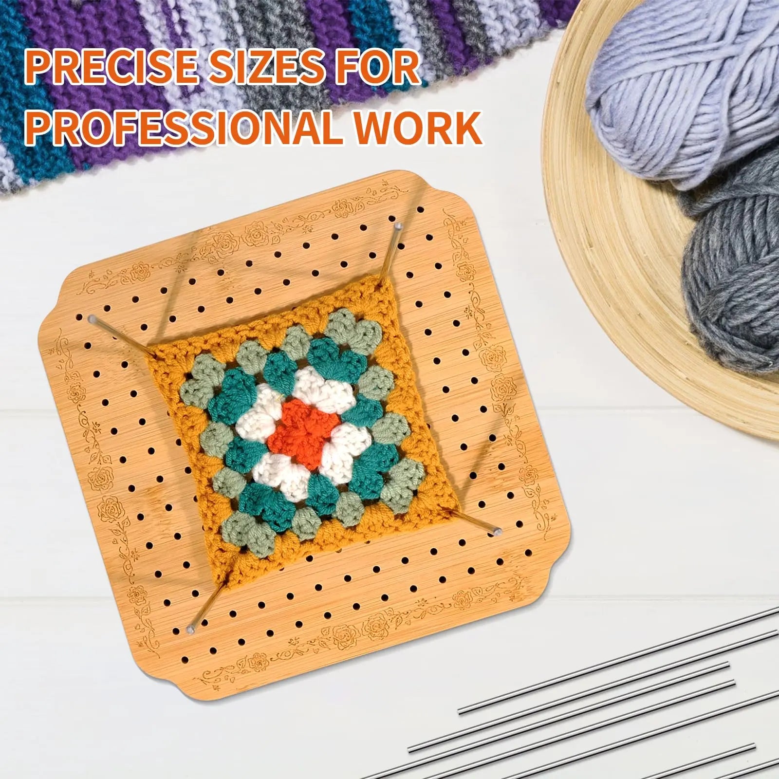 CraftyManor 7.6 in Blocking Boards for Crochet Projects with Rose Pattern, Crochet Blocking Board with Pegs, Granny Square Blocking Board with 20 Stainless Steel Pegs, Bamboo