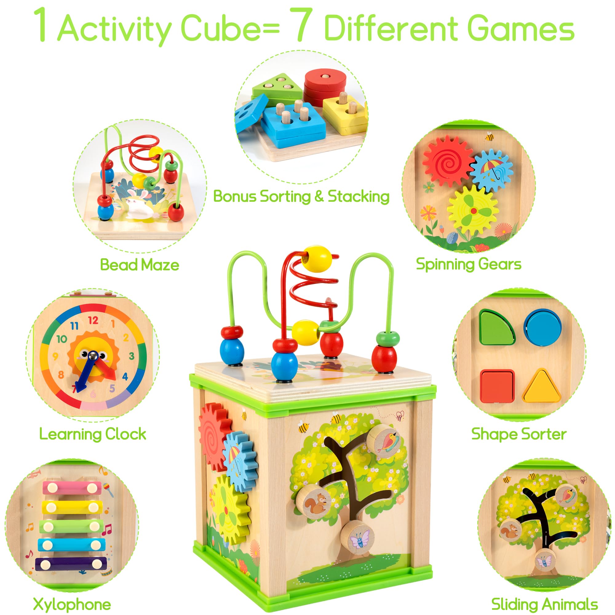 Wooden 7-in-1 Activity Cube| Montessori Toys for 1 2 3 Year Old Toddlers| Baby Educational Developmental Toys |One Year Old Boys Girls First Birthday Gifts |Bonus Sorting & Stacking Board