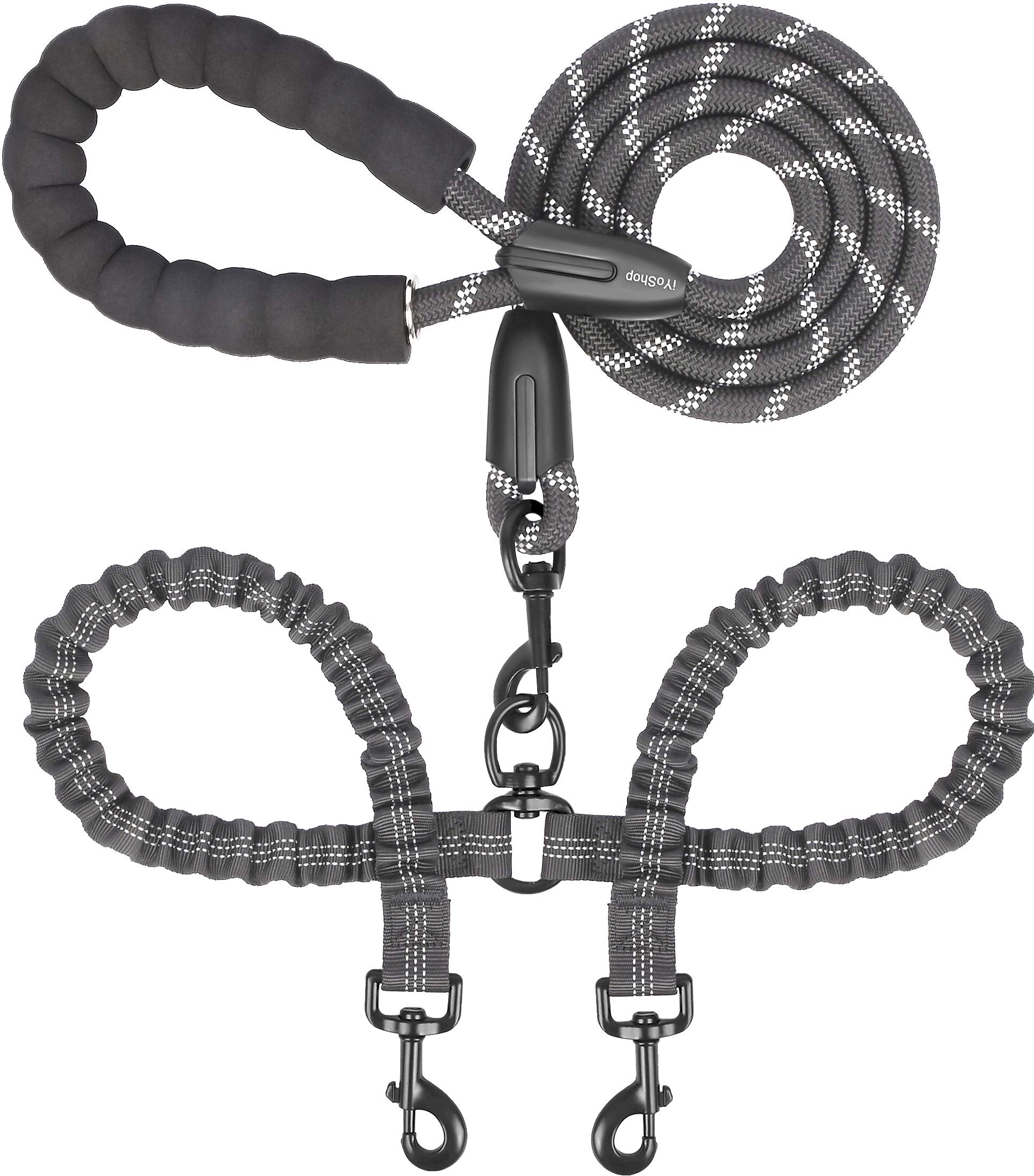 iYoShop Dual Dog Leash - 360 degrees Swivel, No Tangle Walking Leash with Shock Absorbing Bungee for Two Dogs (Large, 25-150 lbs, Black)