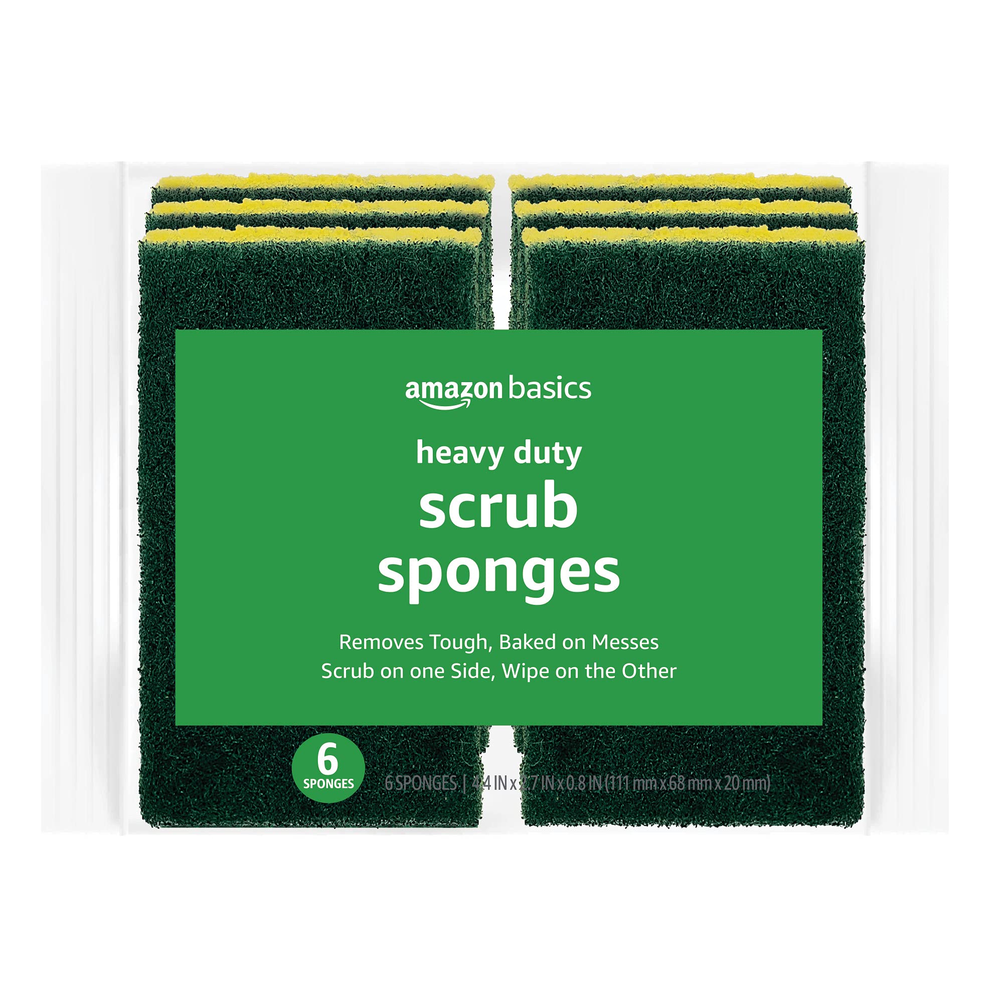 Basics Cleaning Sponges, Multipurpose, Heavy Duty Scrub Sponges, Yellow/Green, 6-Pack